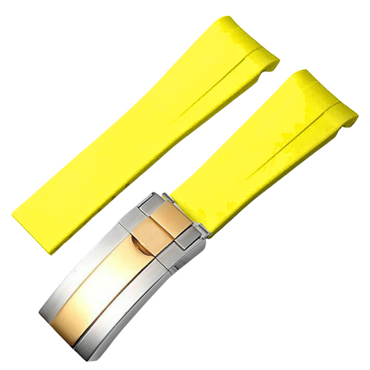 High End Curved FKM Rubber Watch Band With Oyster Style Deployment Clasp: 20 Mm - Yellow With Gold Dual Tone