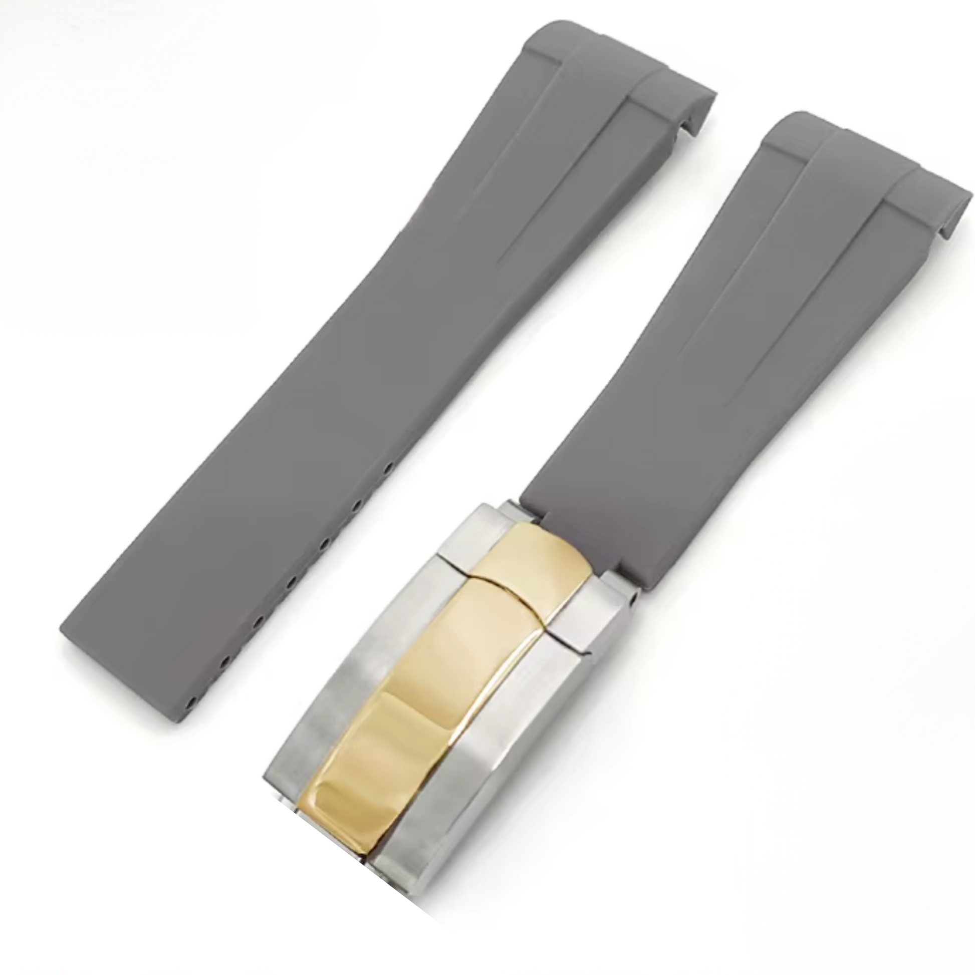 High End Curved FKM Rubber Watch Band With Oyster Style Deployment Clasp: 20 MM -Grey With Gold Dual Tone