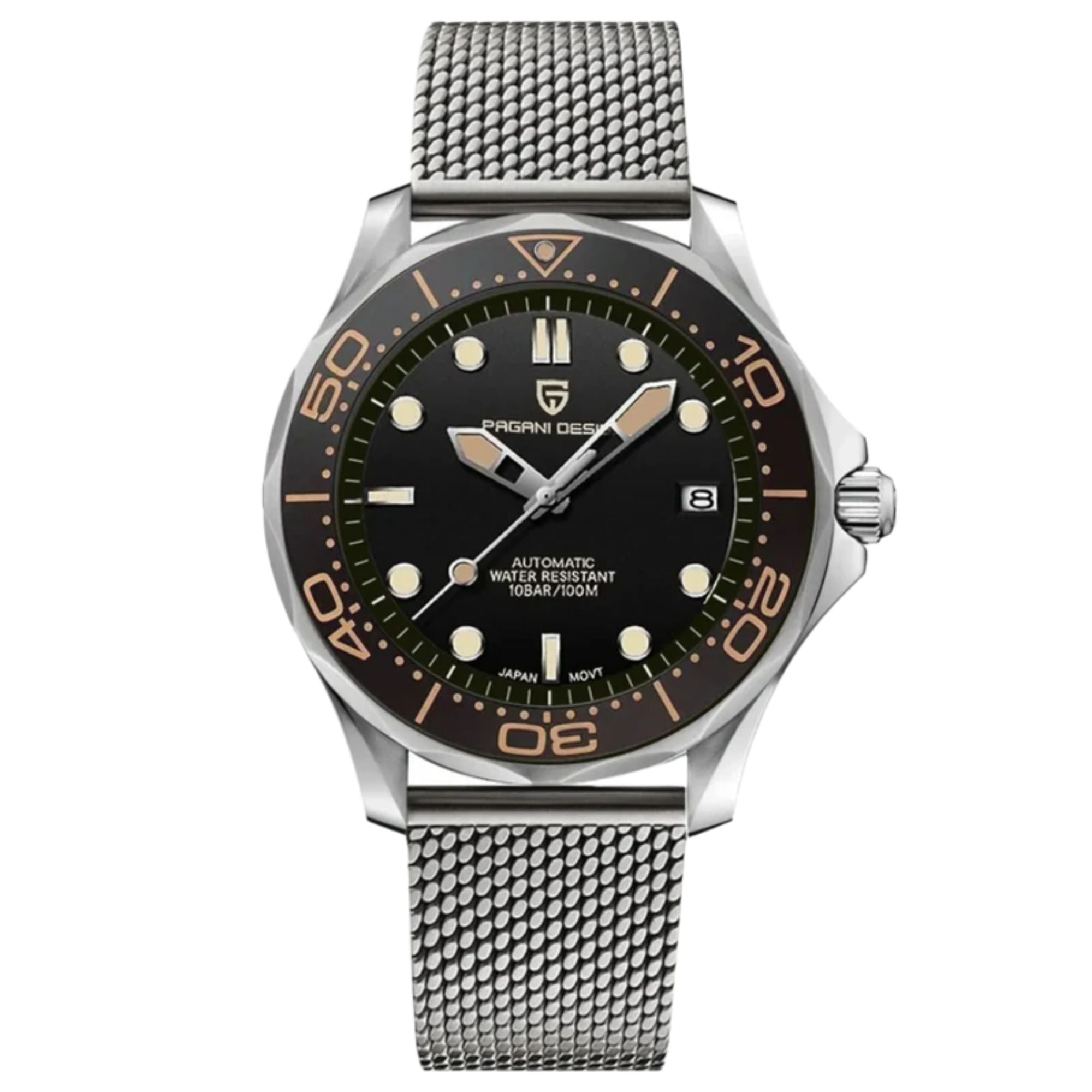 Pagani Design PD-1667 40mm Mens Automatic Waterproof Mechanical Watch with (Japanese NH-35 Movement) 007 Seamaster - Mesh Strap