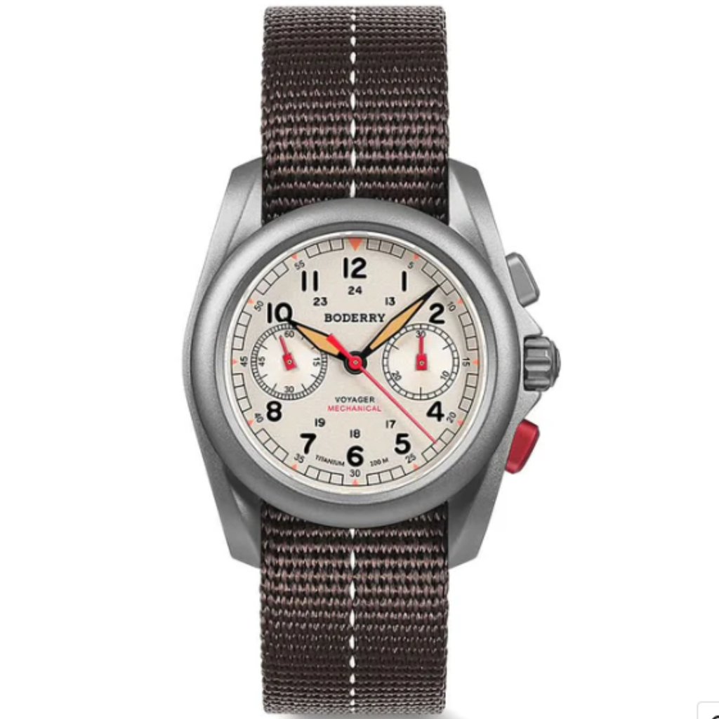 VOYAGER Chronograph - Titanium Mechanical Field Watch, 100M Water Resistant | Cream - DREAM WATCHES