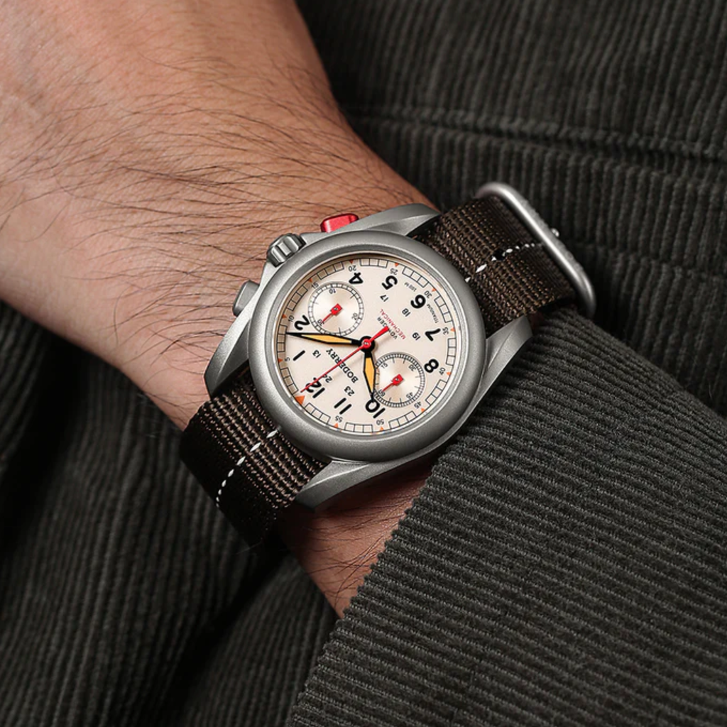 VOYAGER Chronograph - Titanium Mechanical Field Watch, 100M Water Resistant | Cream - DREAM WATCHES