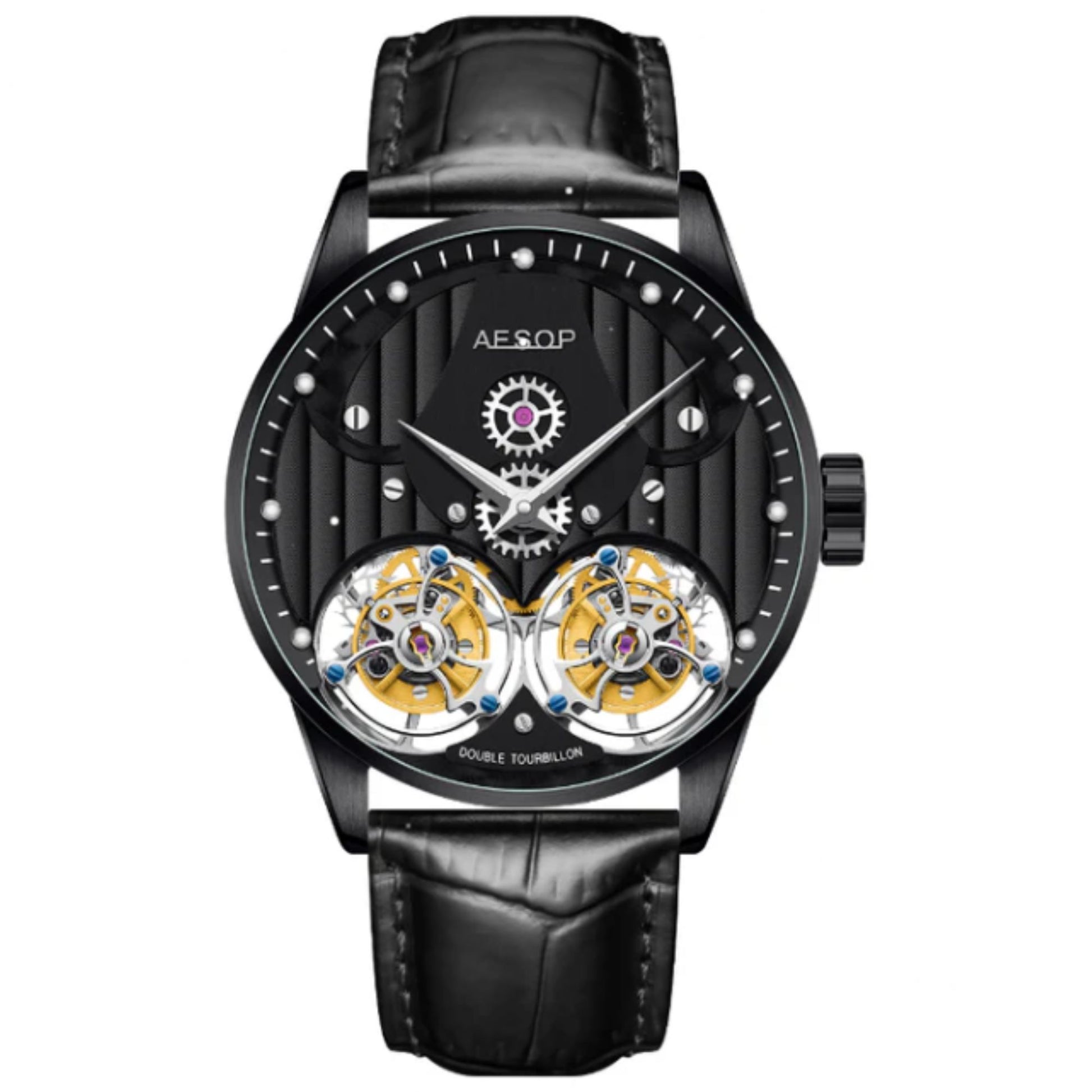 Aesop Double Tourbillon Men Watch Flying Tourbillon Sapphire Crystal  Wristwatch 7030
