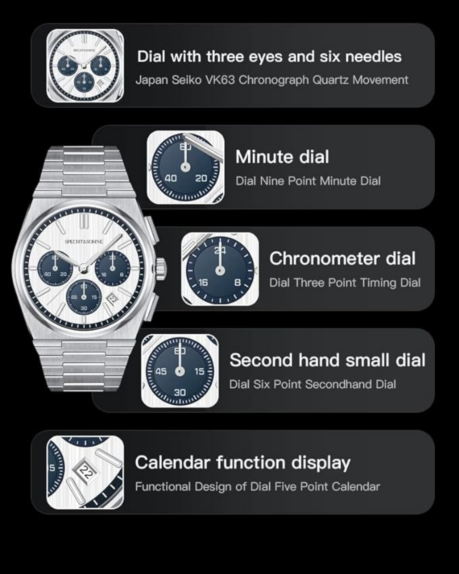 Specht&Sohne Multi-Function Chronograph with Seiko VK63 Watches Stainless Steel Wristwatch