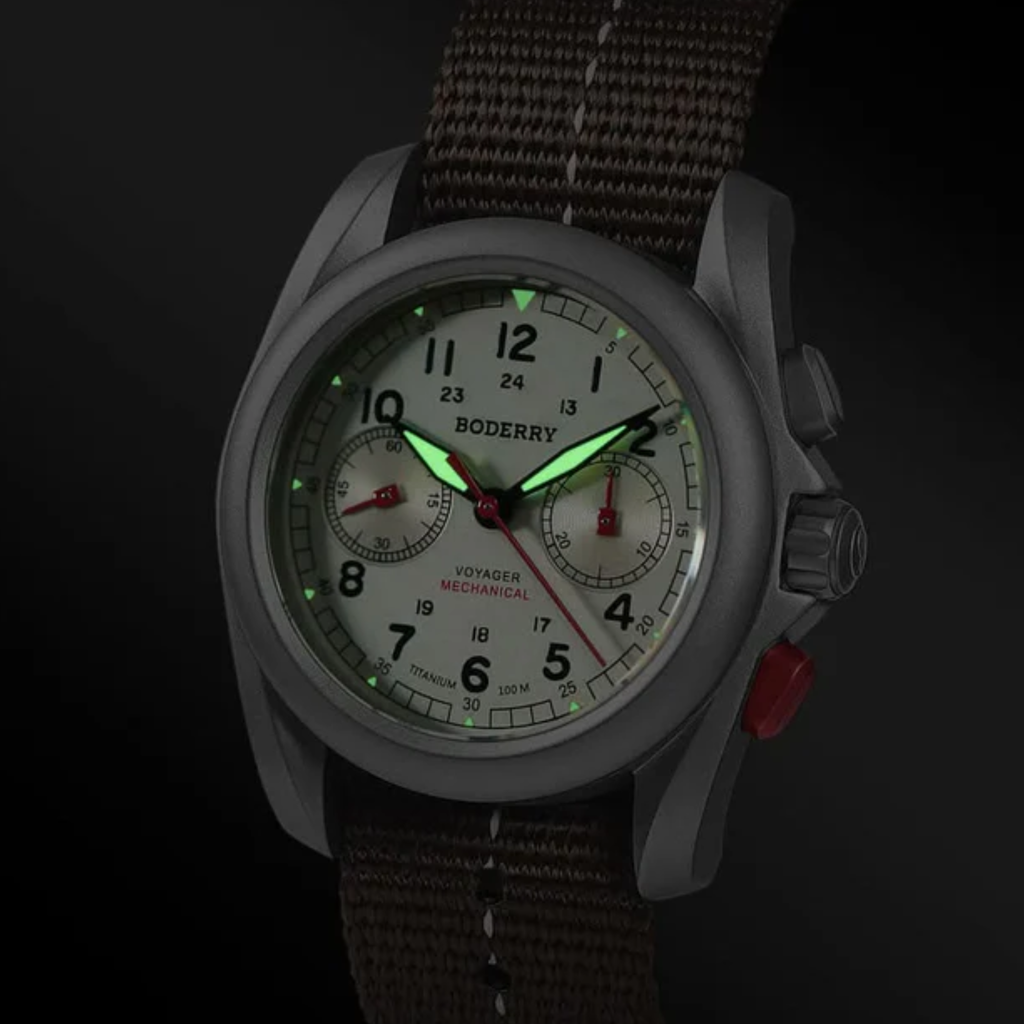 VOYAGER Chronograph - Titanium Mechanical Field Watch, 100M Water Resistant | Cream - DREAM WATCHES