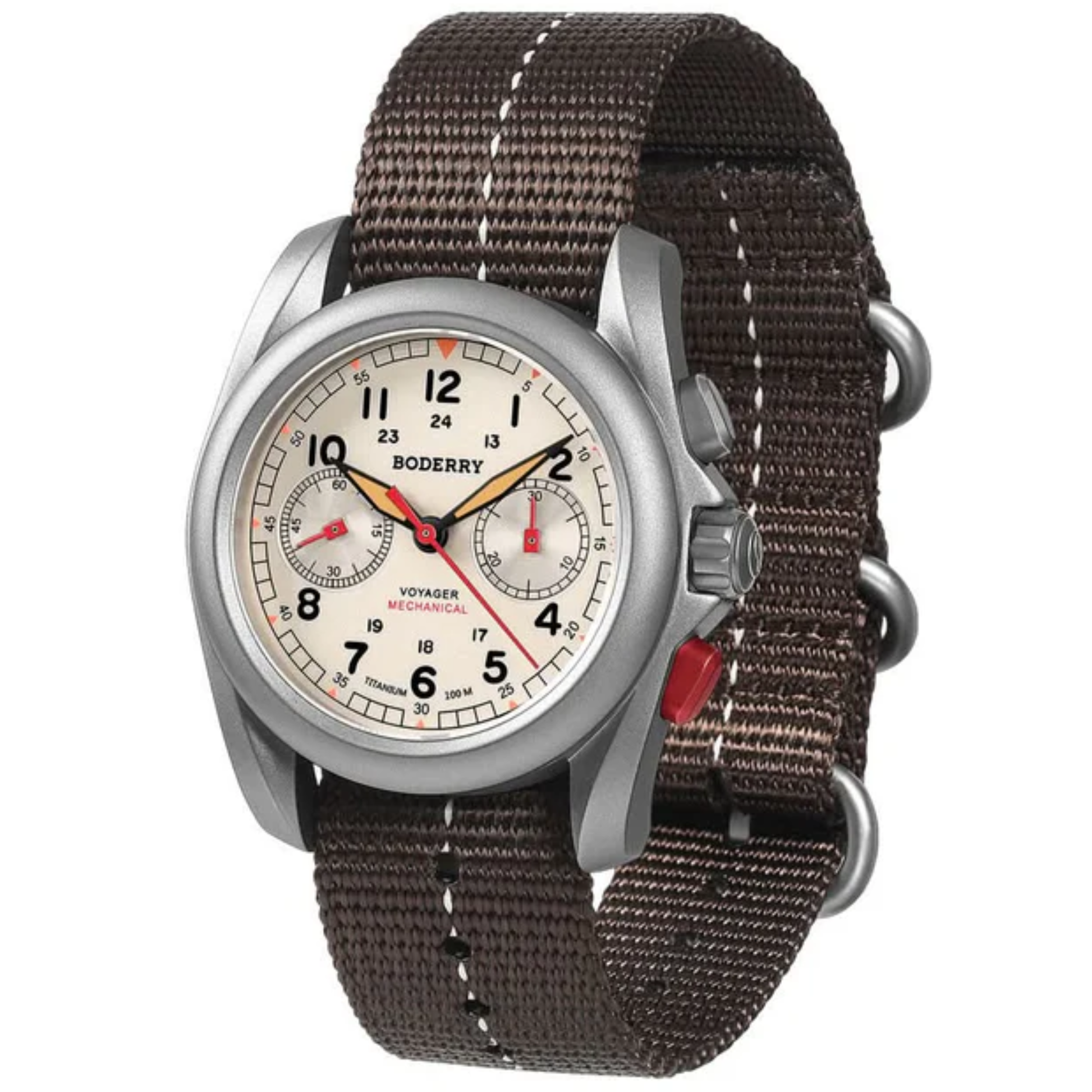 VOYAGER Chronograph - Titanium Mechanical Field Watch, 100M Water Resistant | Cream - DREAM WATCHES