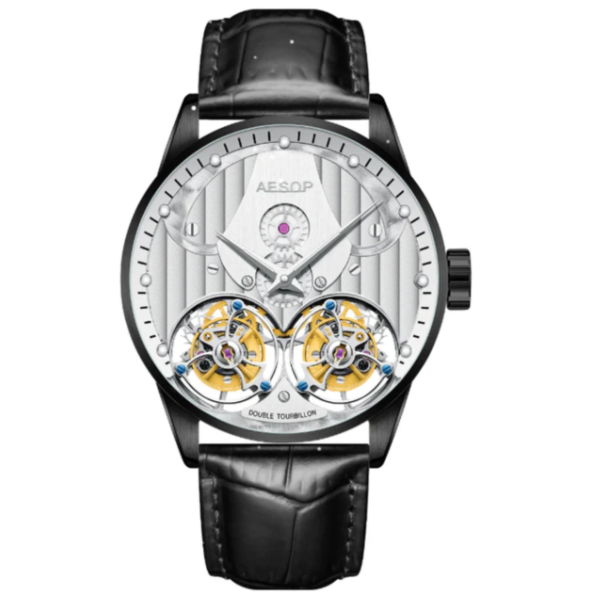 Aesop Double Tourbillon Men Watch Flying Tourbillon Sapphire Crystal  Wristwatch 7030