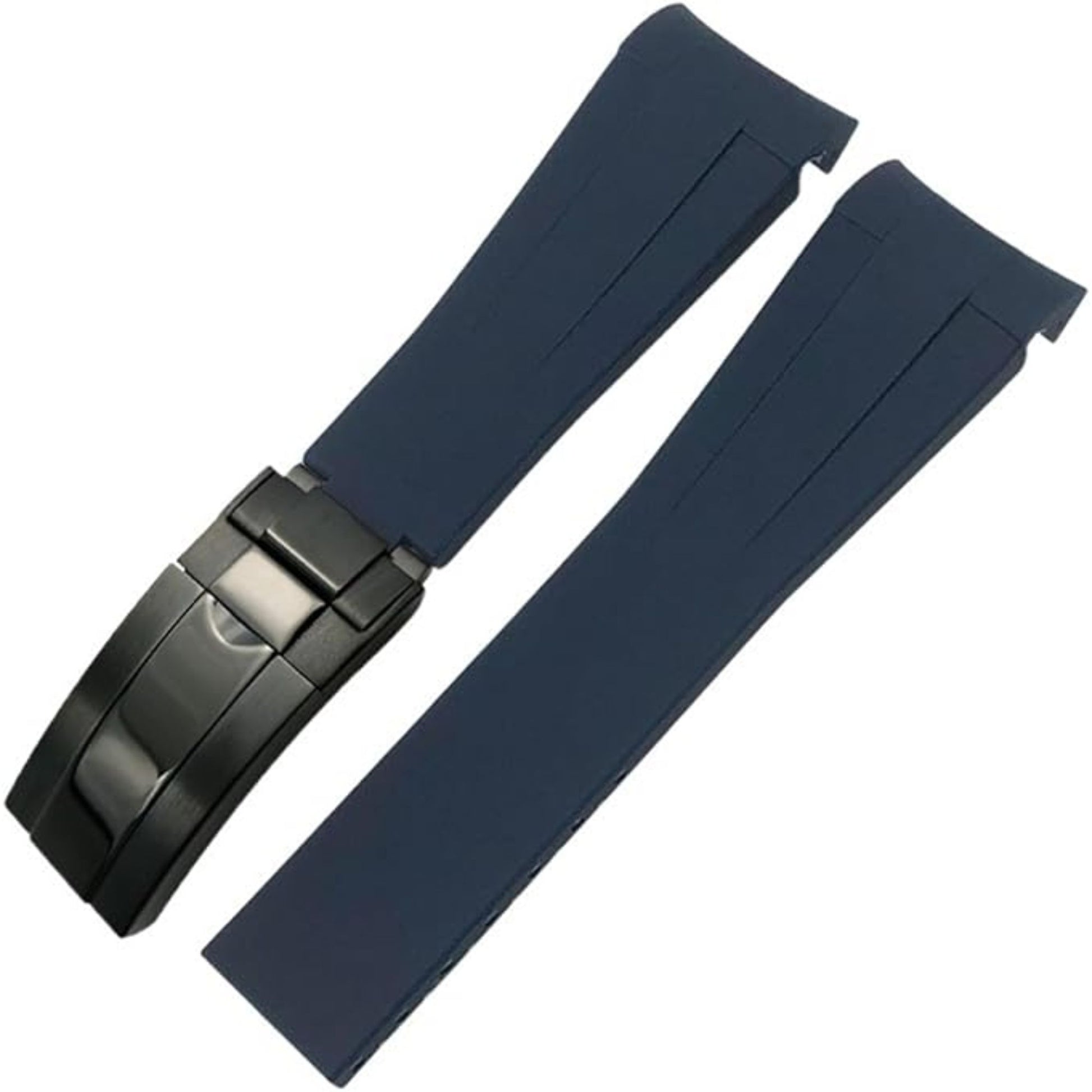 High End Curved FKM Rubber Watch Strap - Oyster Style Deployment Clasp 20mm - Blue with Black Clasp