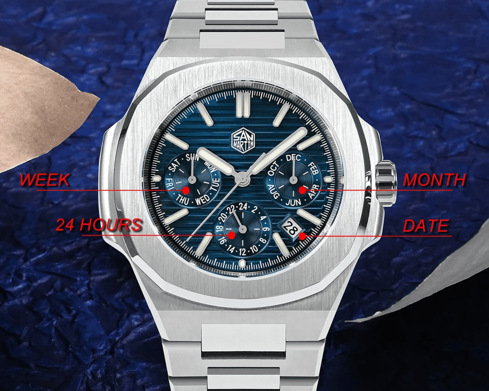 San Martin Multi-function Mens Luxury Watch 43mm Watch SN075GB- Blue san martin watches india online