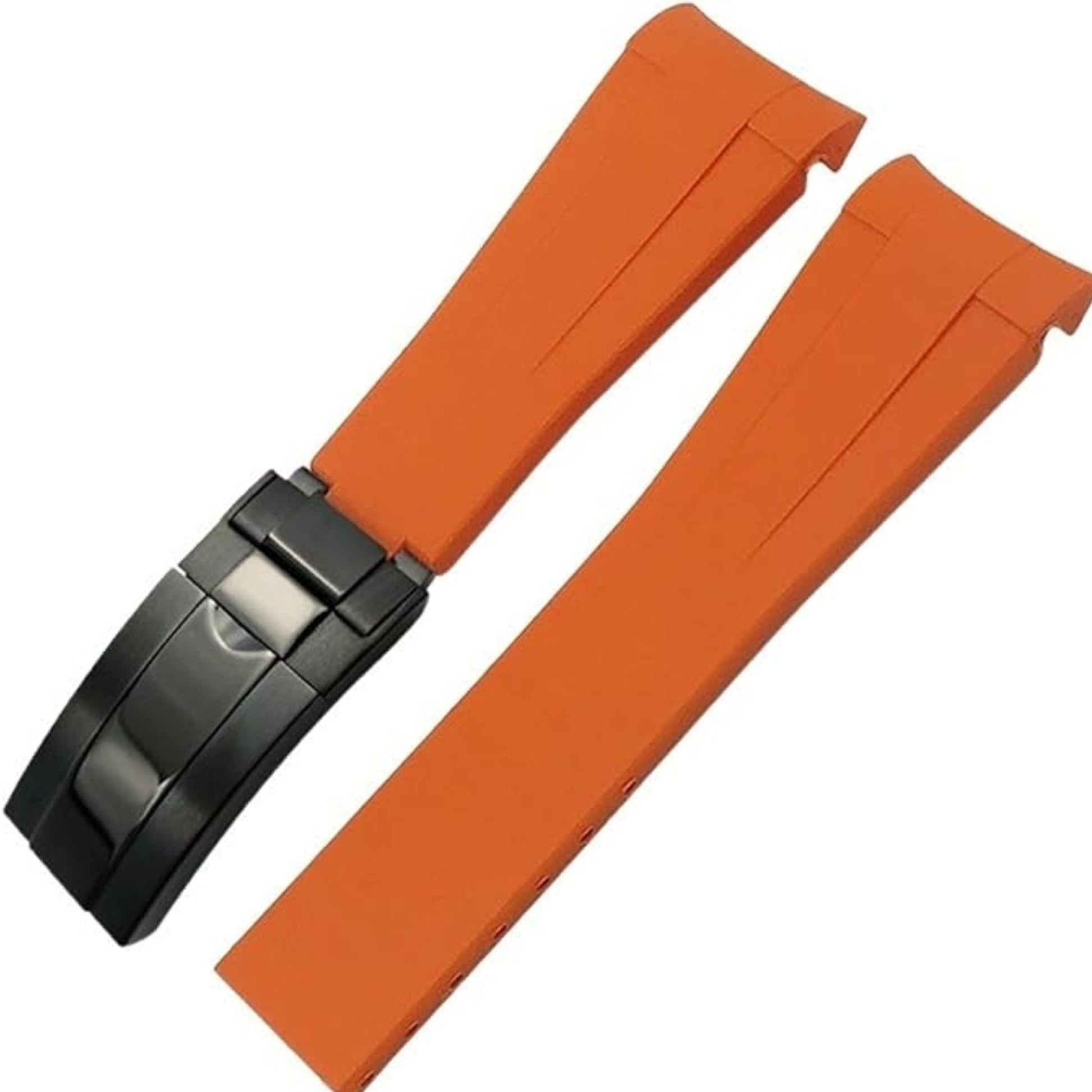 High End Curved FKM Rubber Watch Strap - Oyster Style Deployment Clasp 20mm - Orange with Black Clasp
