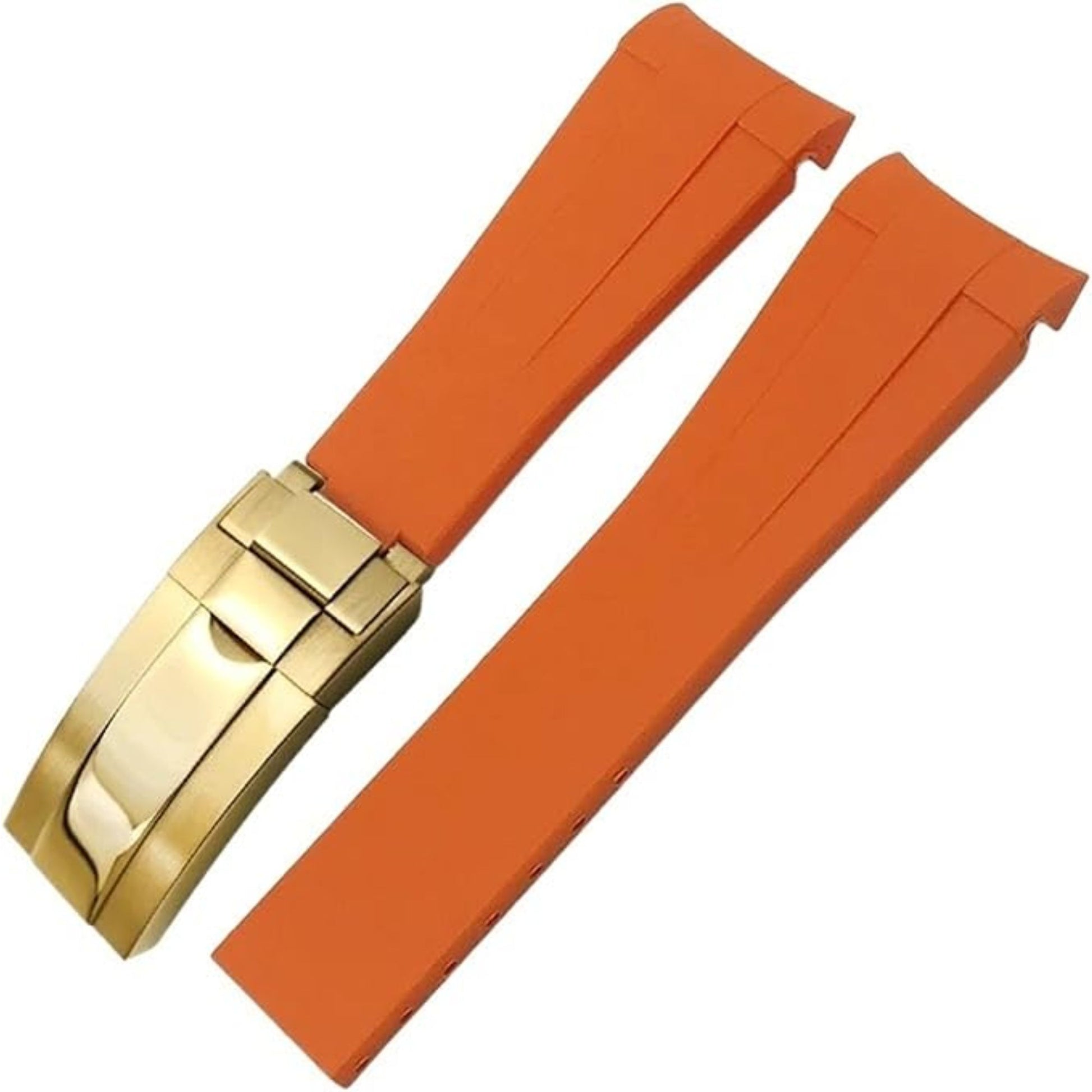 High End Curved FKM Rubber Watch Strap - Oyster Style Deployment Clasp 20mm - Orange with Golden Clasp