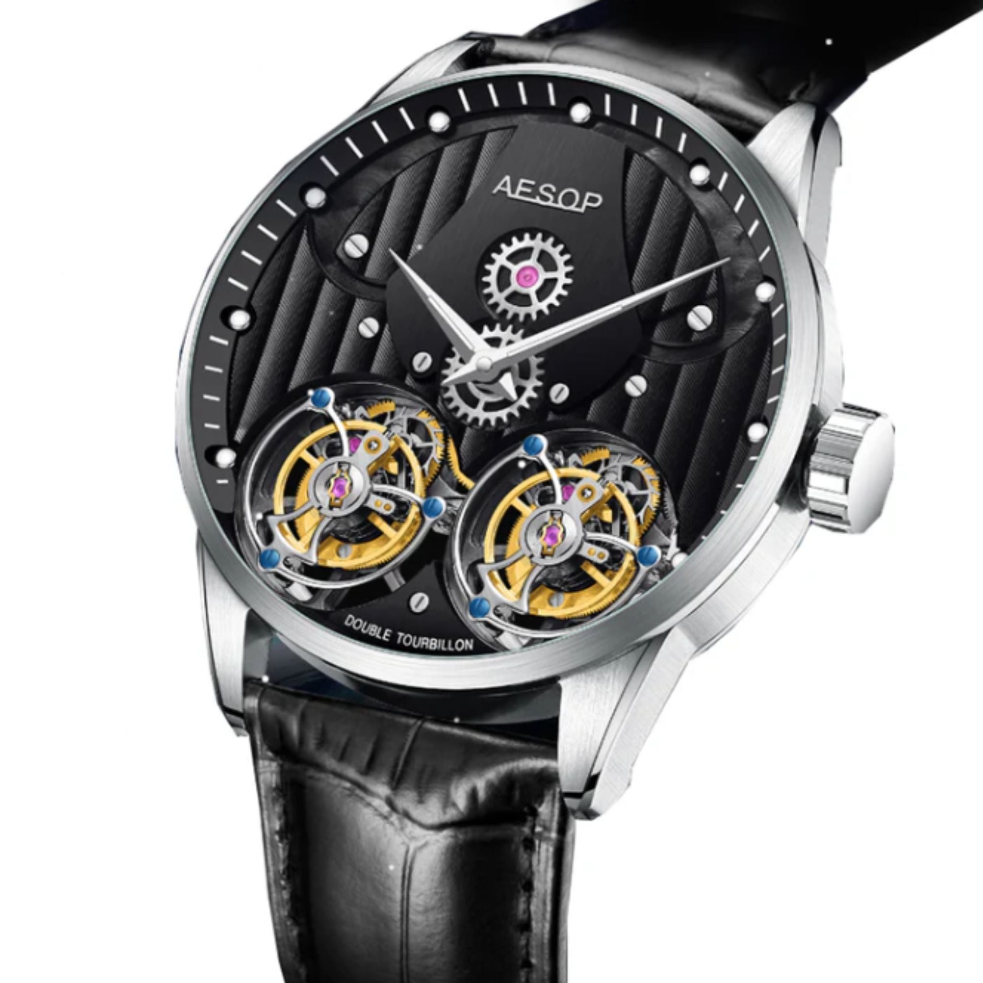 Aesop Double Tourbillon Men Watch Flying Tourbillon Sapphire Crystal  Wristwatch 7030