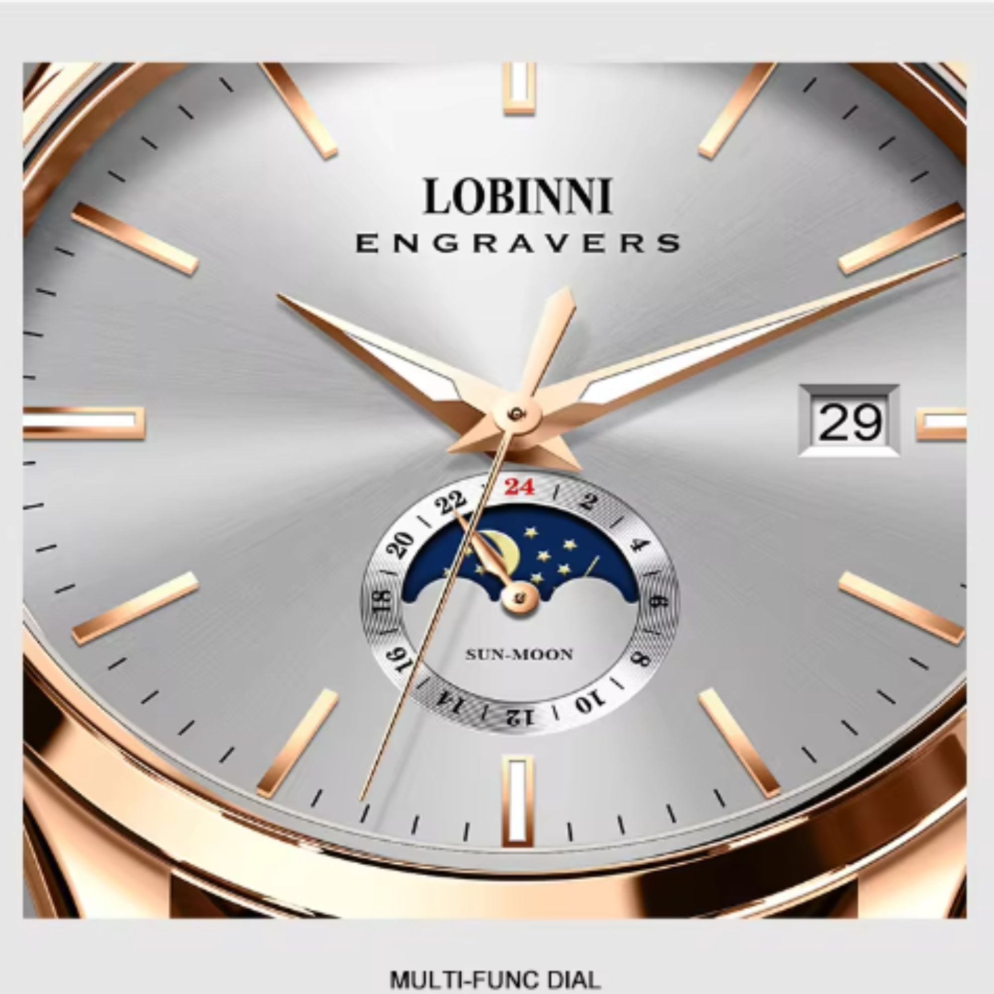 LOBINNI 19001 Business Brown Leather Strap with automatic movement Watch