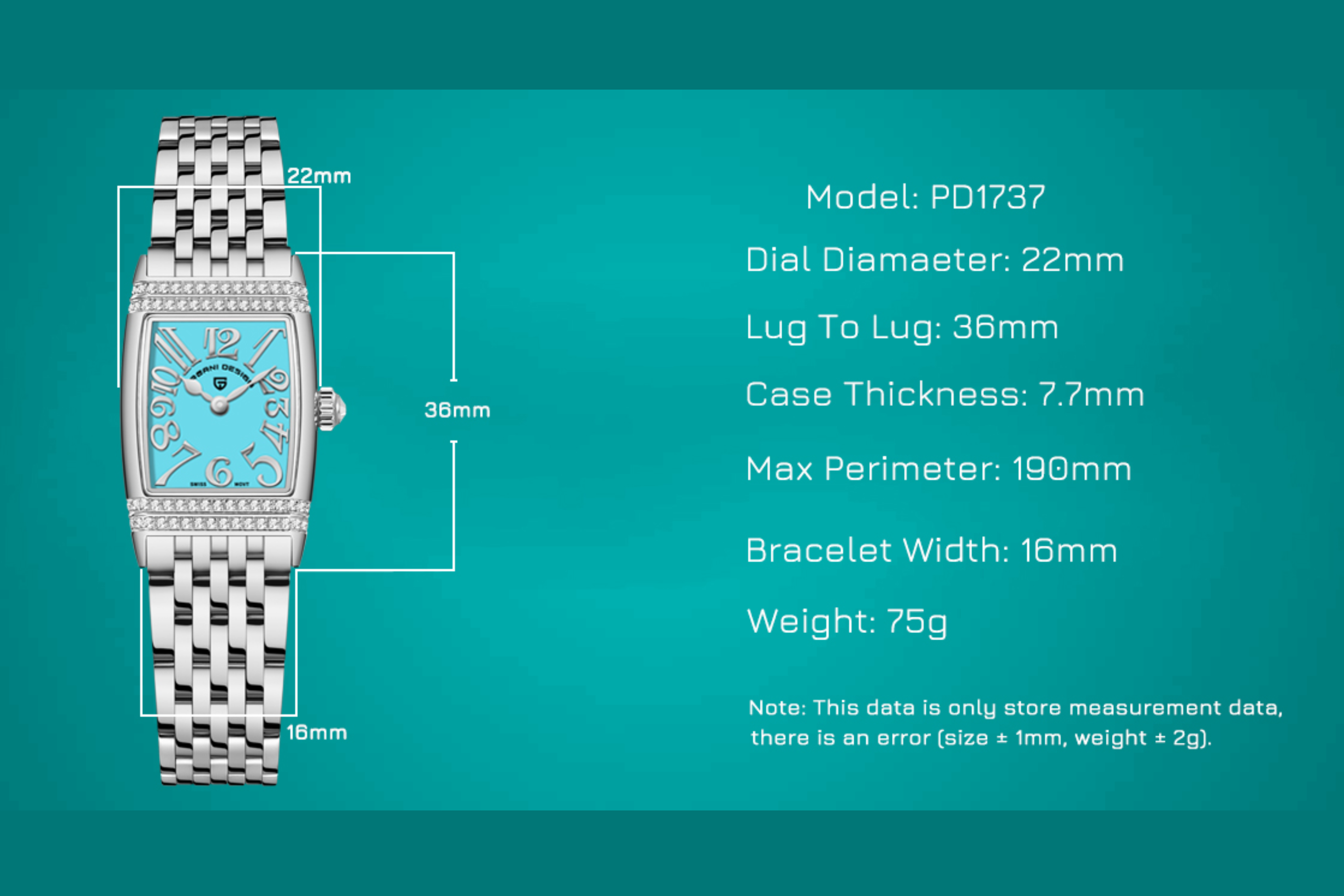 Pagani Design PD-1737 Women's Quartz Watches 22mm with Stone Set Rectangle Case, Analogue Display and Stainless Steel Ladies Watch - Gold Tiffany-Blue