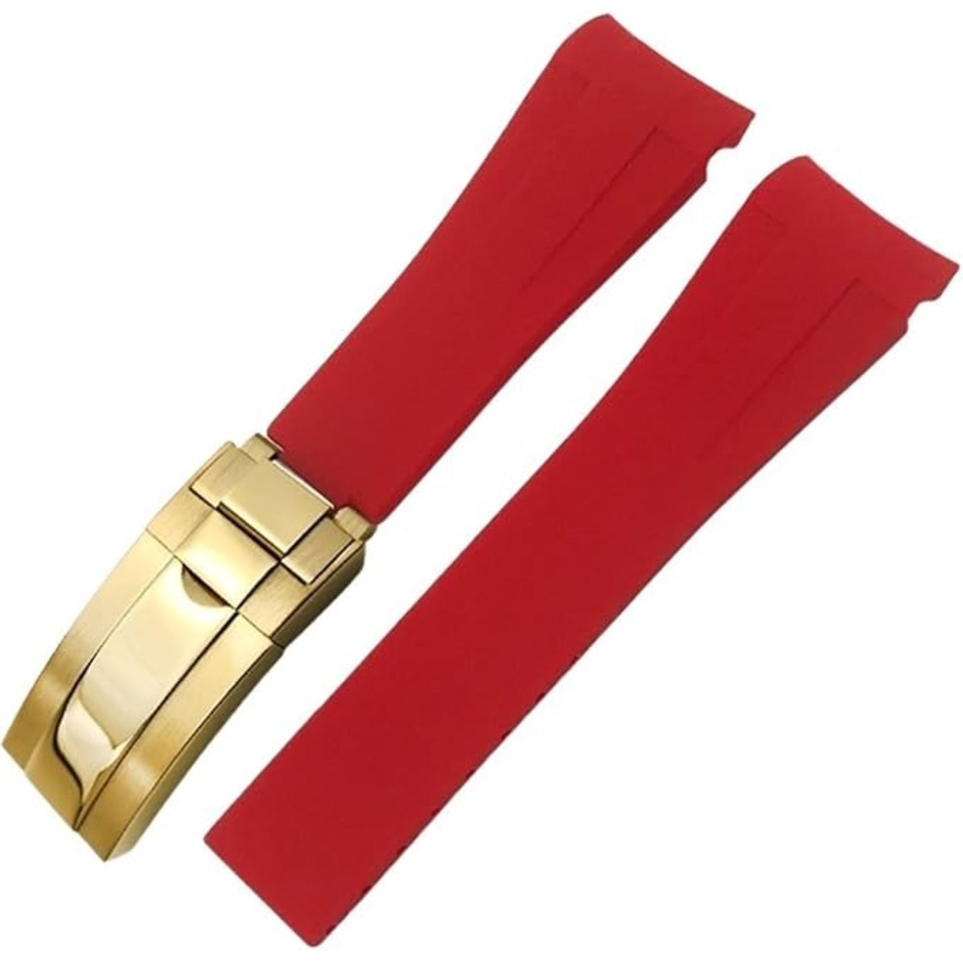 High End Curved FKM Rubber Watch Strap - Oyster Style Deployment Clasp 20mm - Red with Golden Clasp