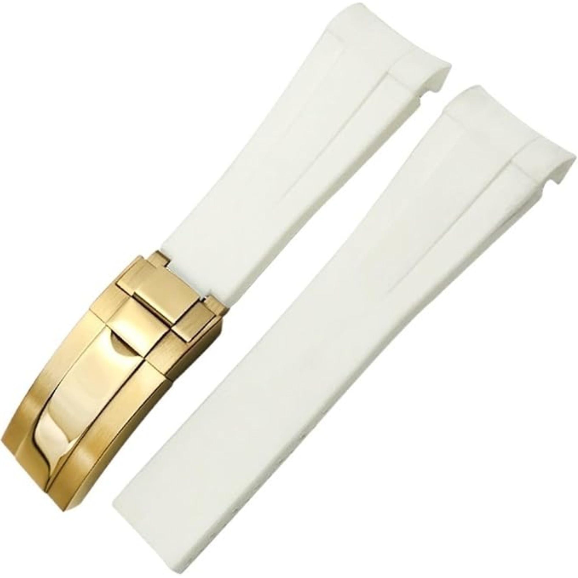 High End Curved FKM Rubber Watch Strap - Oyster Style Deployment Clasp 20mm - White with Golden Clasp
