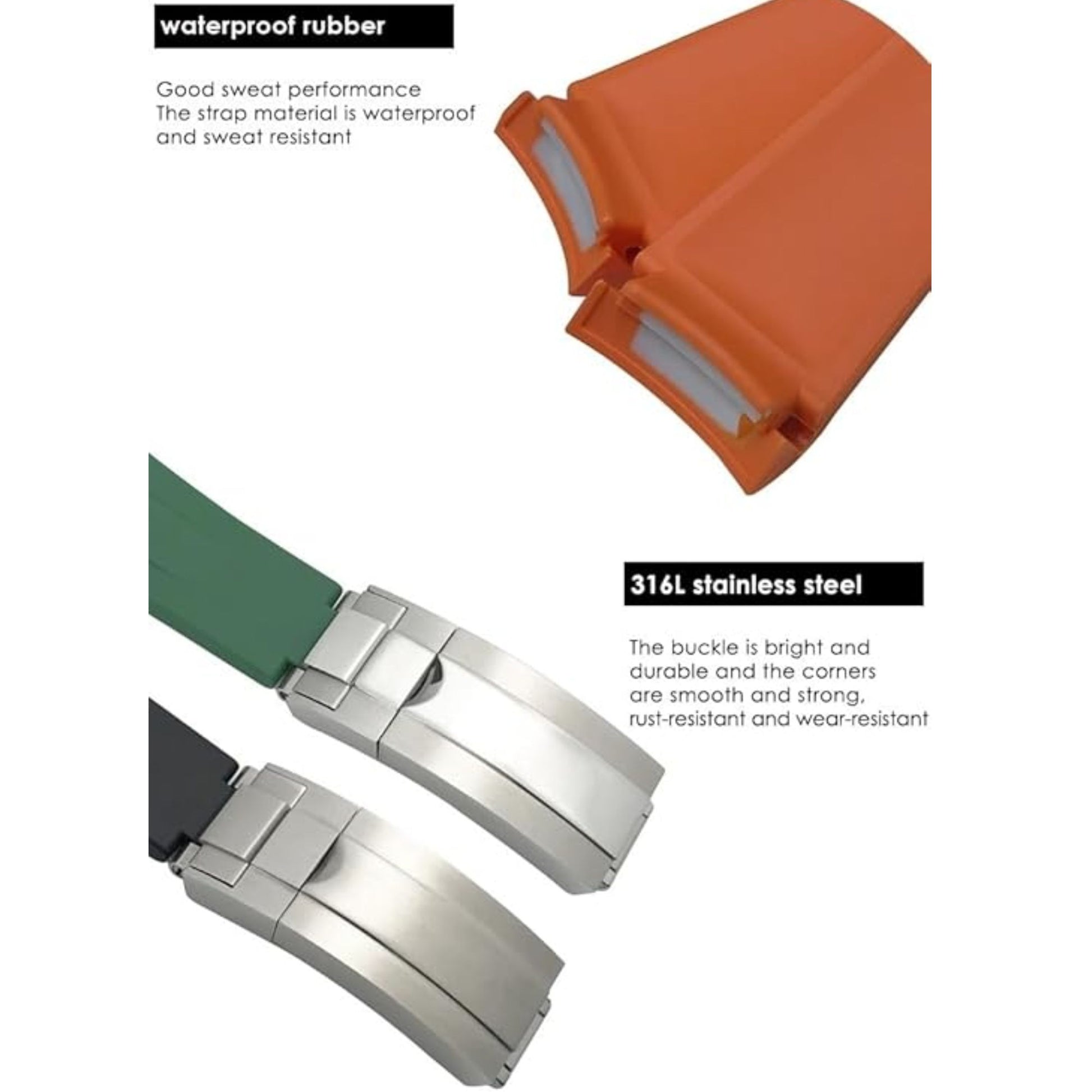 High End Curved FKM Rubber Watch Strap - Oyster Style Deployment Clasp 20mm - Green with Rosegold Clasp