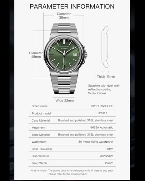 Specht & Sohne 38MM Automatic Stainless Steel Watch with Seiko NH35 movement - Green