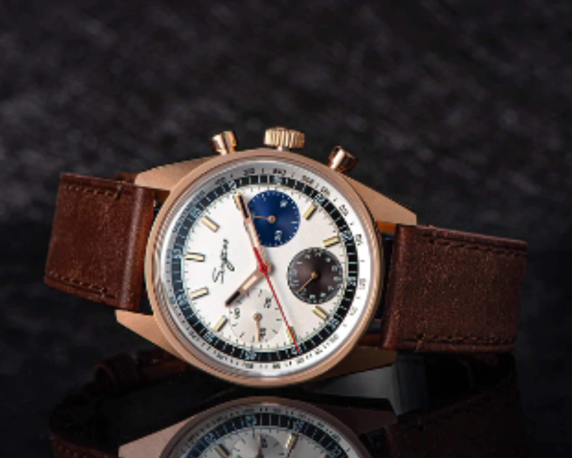Sugess Chrono Heritage 442 Chronograph Special Dial Swan Neck Regulator White Dial with Brown Strap