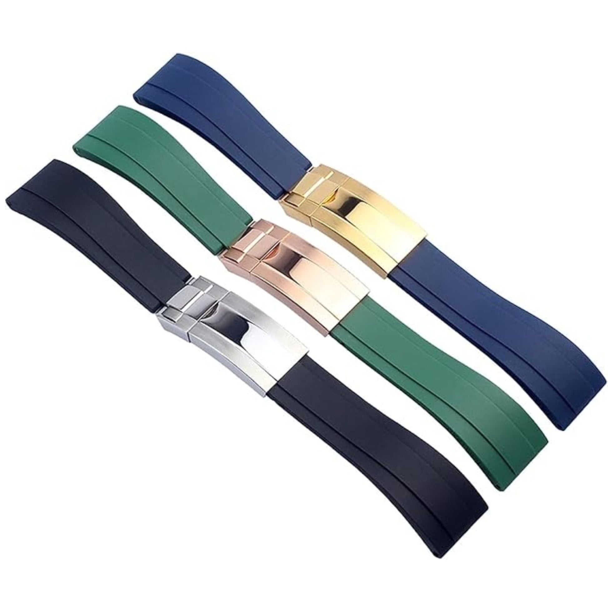 High End Curved FKM Rubber Watch Strap - Oyster Style Deployment Clasp 20mm - Black with Rosegold Clasp