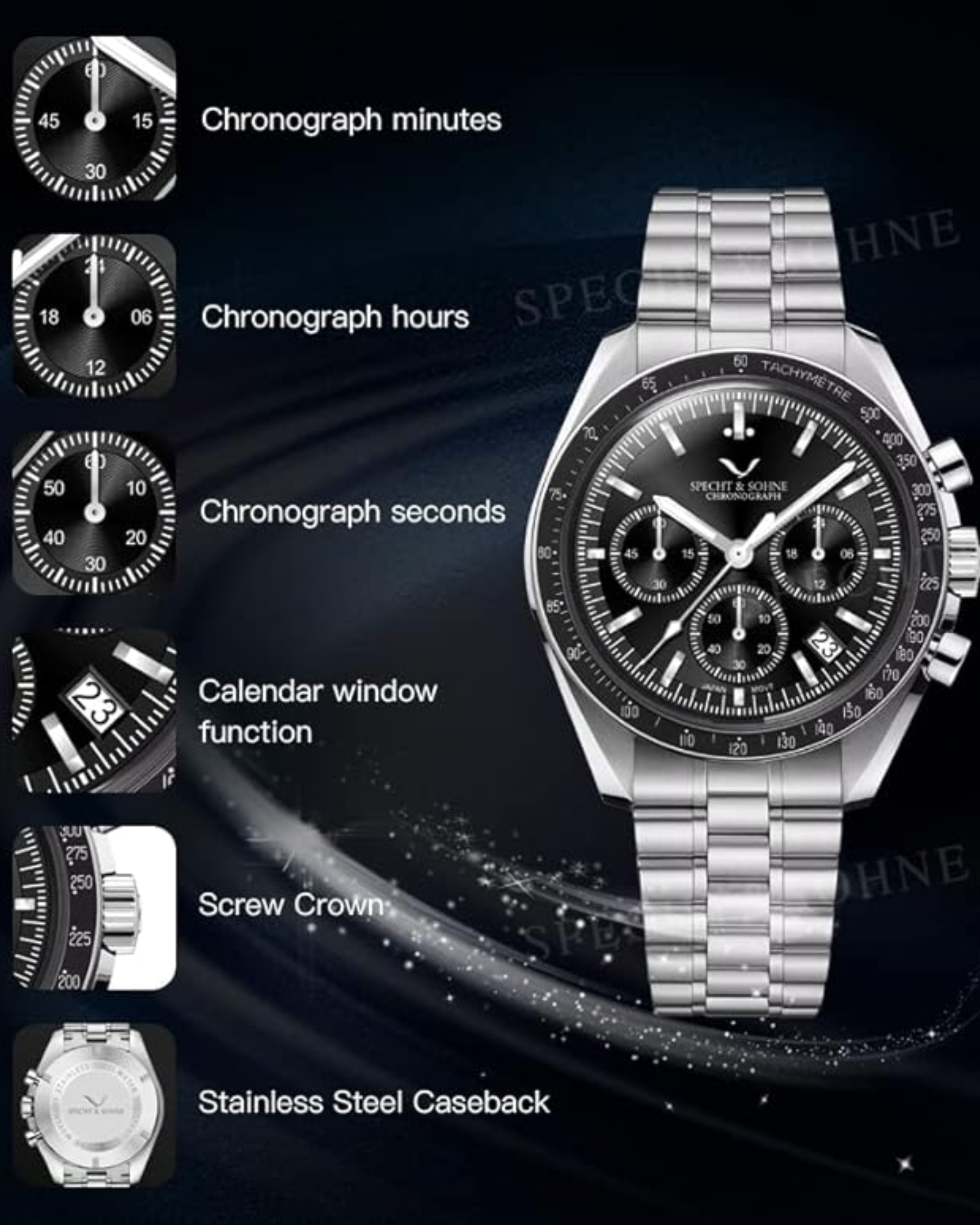 Specht & Sohne Moon Wristwatch with Japanese VK63 Chronograph Meca-Quartz Stainless Steel Sapphire Sport Watch