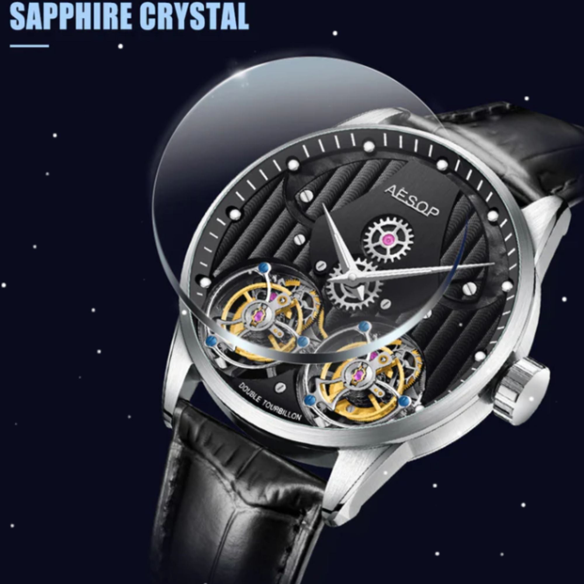 Aesop Double Tourbillon Men Watch Flying Tourbillon Sapphire Crystal  Wristwatch 7030
