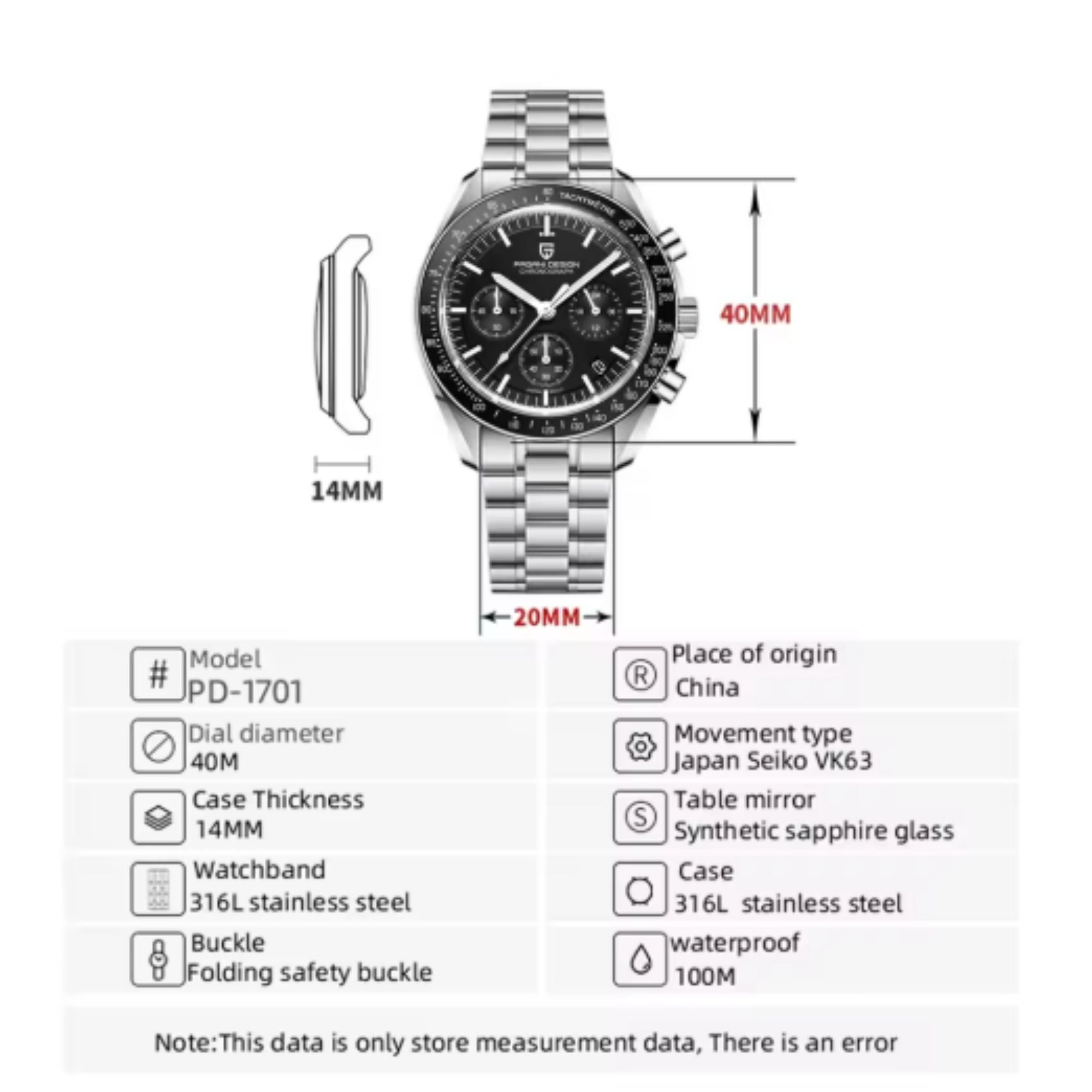 Pagani Design 1701 Moon Wristwatch Homage Men's Quartz Chronograph Watches Japan VK63 Movement Stianless Steel Bracelet 100M Waterproof Sport Watch