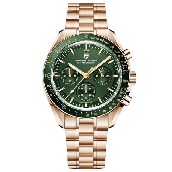Pagani Design PD-1701 Speedmaster Moonwatch Men's 40mm Seiko VK63 Chronograph Quartz Watch Sapphire Crystal 100m Waterproof - Golden Green