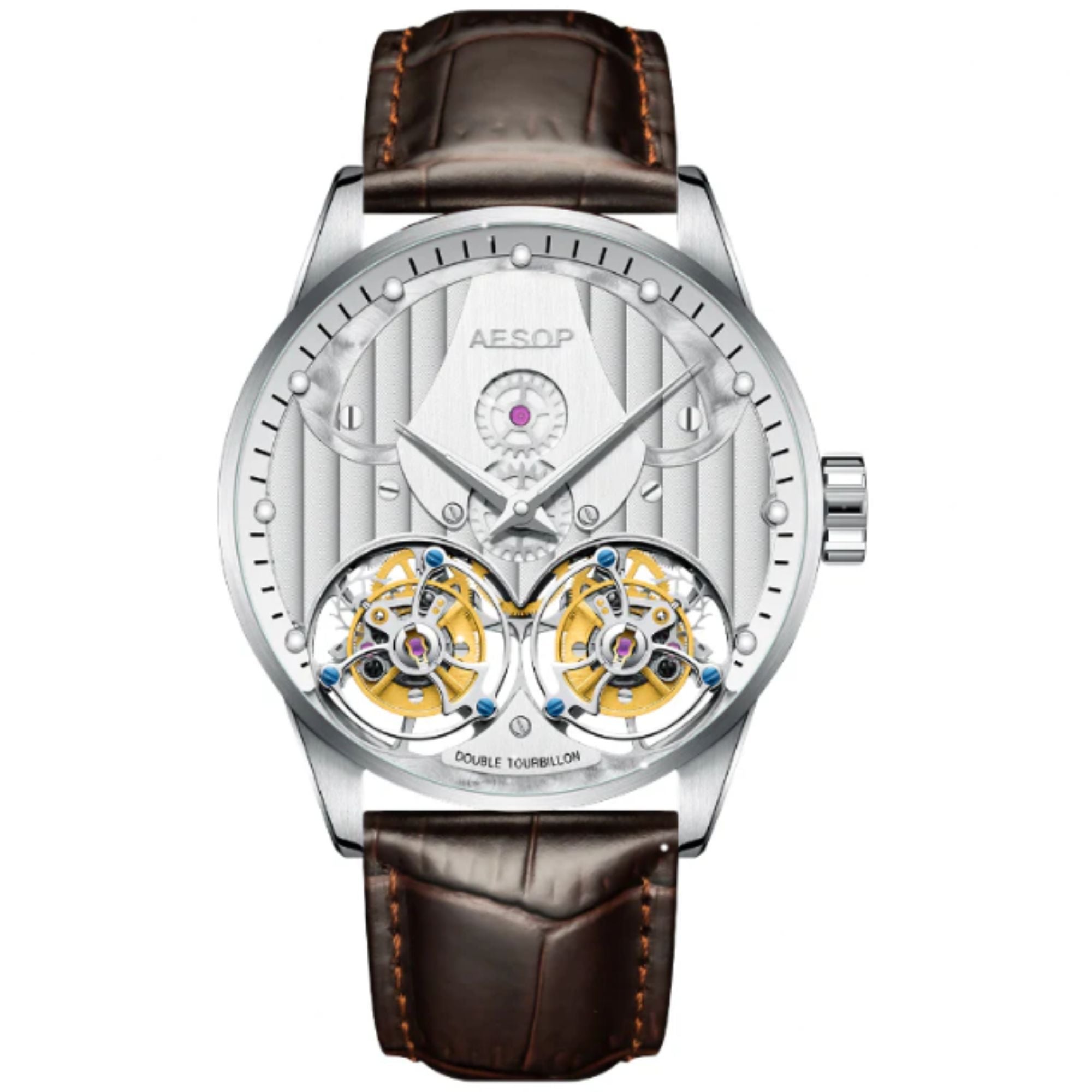Aesop Double Tourbillon Men Watch Flying Tourbillon Sapphire Crystal  Wristwatch 7030
