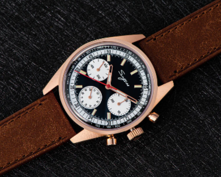 Sugess Chrono Heritage 442 Chronograph Special Dial Swan Neck Regulator Black Dial With Brown Strap