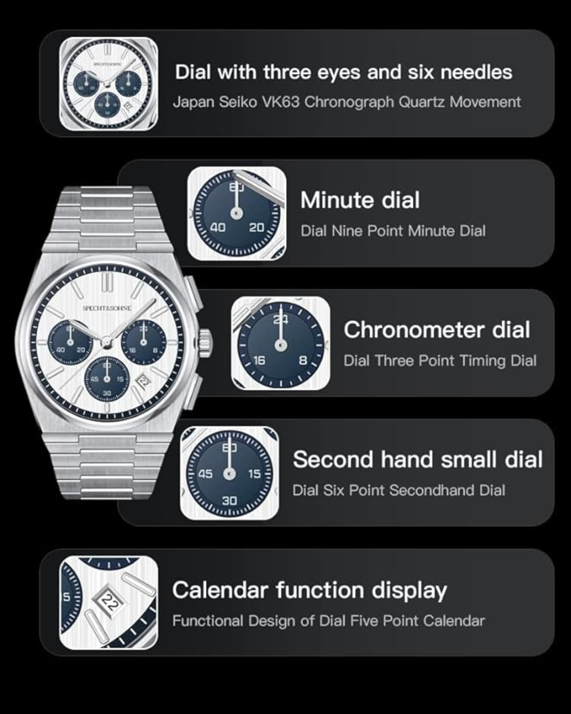 Specht&Sohne Multi-Function Chronograph with Seiko VK63 Watches Panda Eyes Stainless Steel Wristwatch