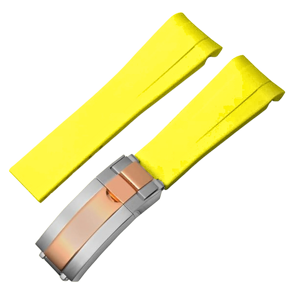 High End Curved FKM Rubber Watch Band With Oyster Style Deployment Clasp: 20 Mm - Yellow With Rose Gold Dual Tone