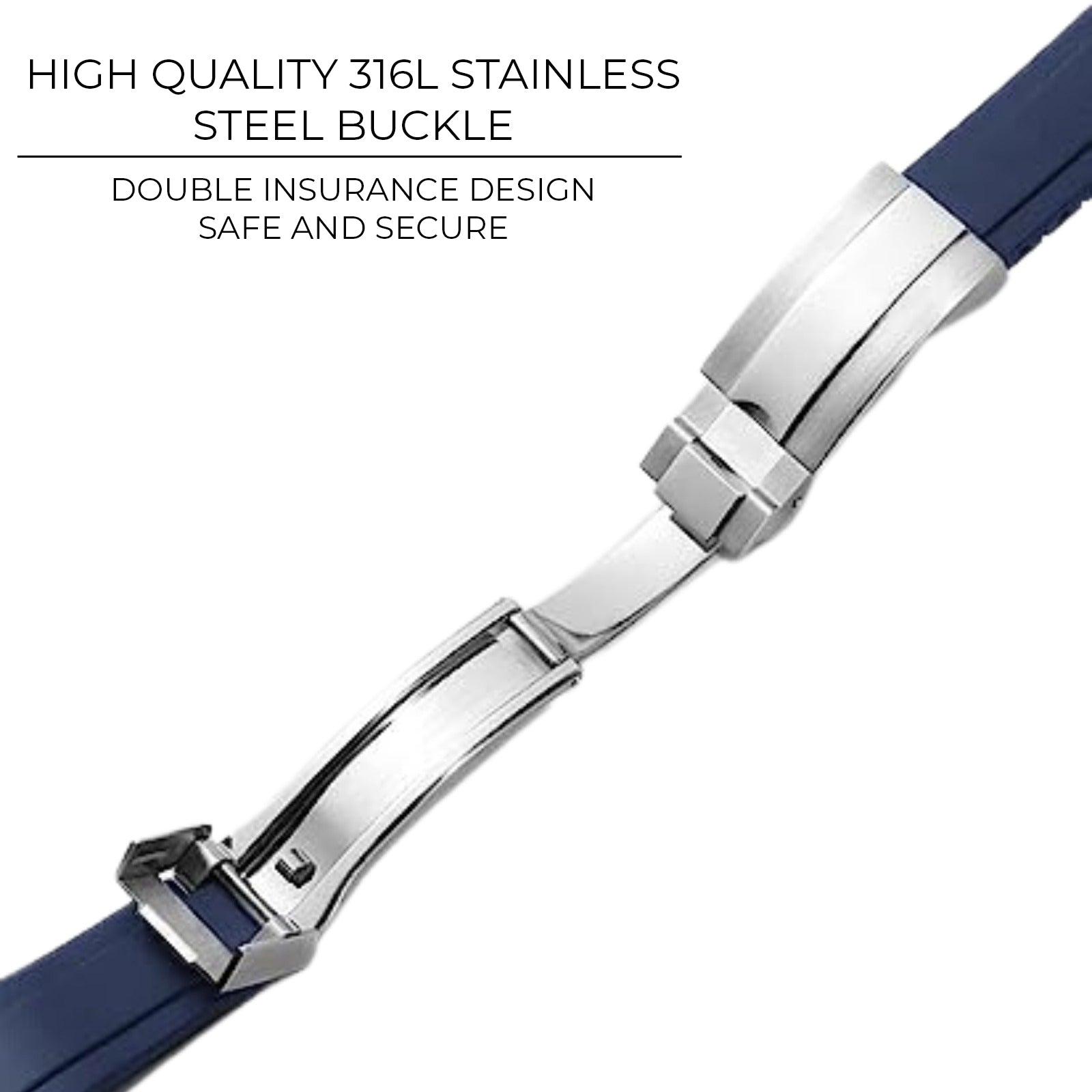 High End Curved FKM Rubber Watch Band - Oyster Style Deployment Clasp: 20 mm- Blue