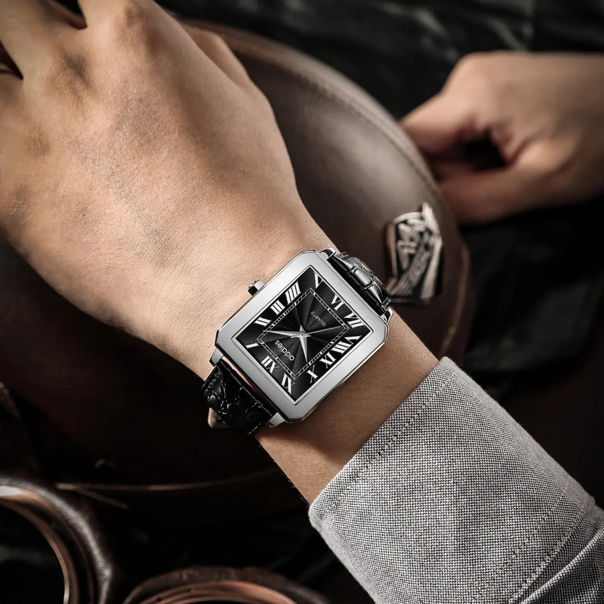 ADDIES Men's Quartz Analog Watch with Square Dial Leather Strap（MY-RM05）- Black Dial - DREAM WATCHES