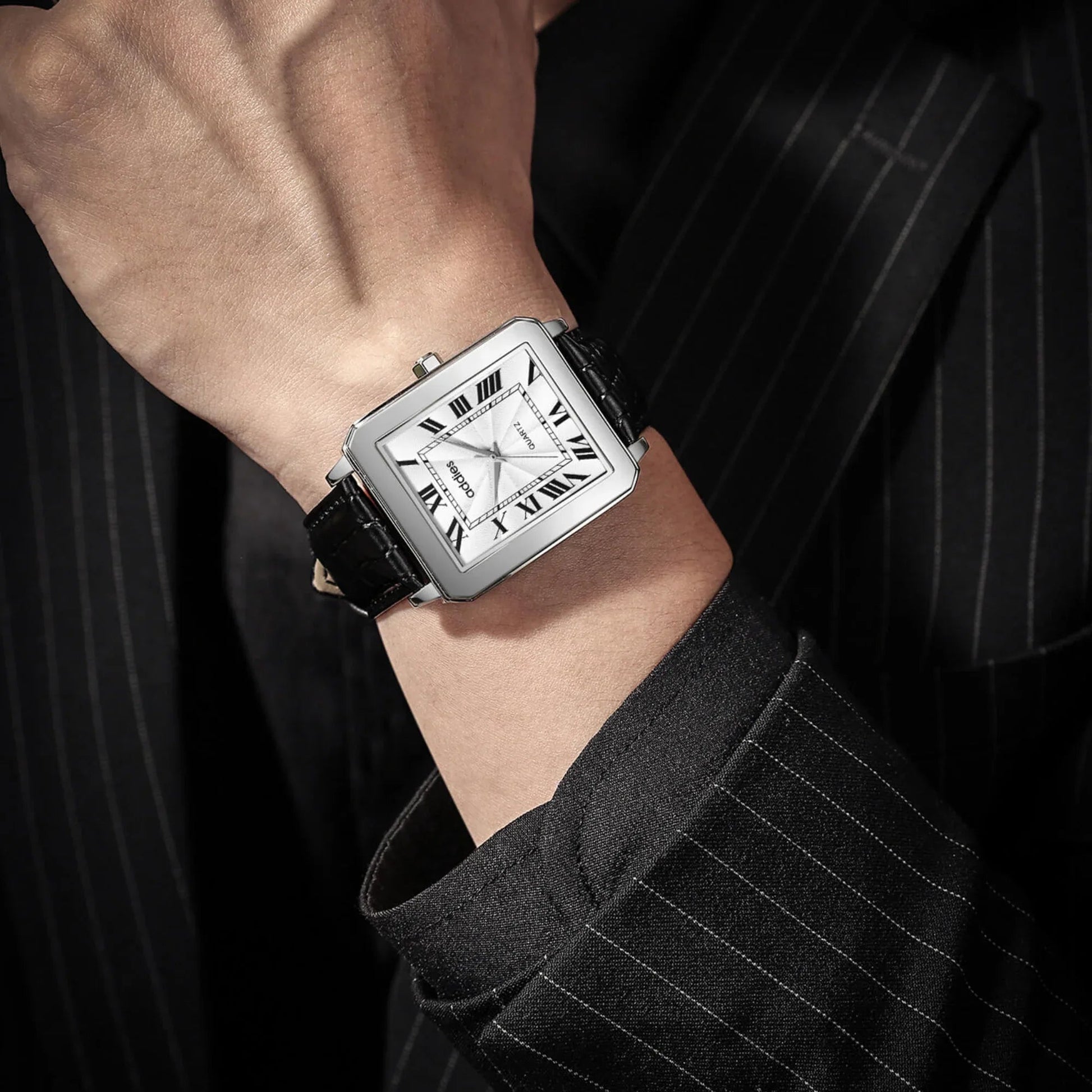 ADDIES Men's Quartz Analog Watch with Square Dial Leather Strap（MY-RM05）- White Dial - DREAM WATCHES