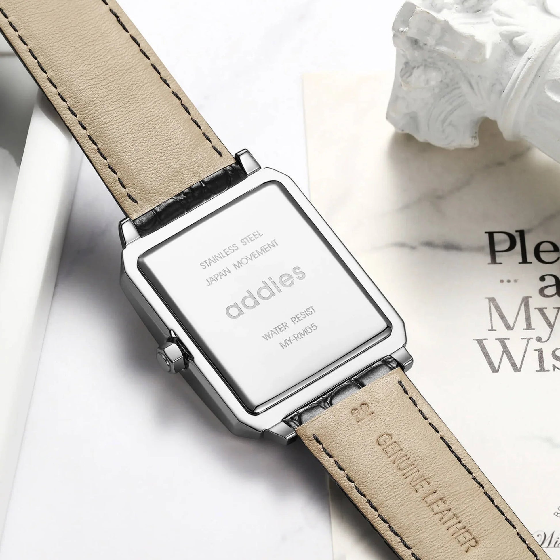 ADDIES Men's Quartz Analog Watch with Square Dial Leather Strap（MY-RM05）- White Dial - DREAM WATCHES