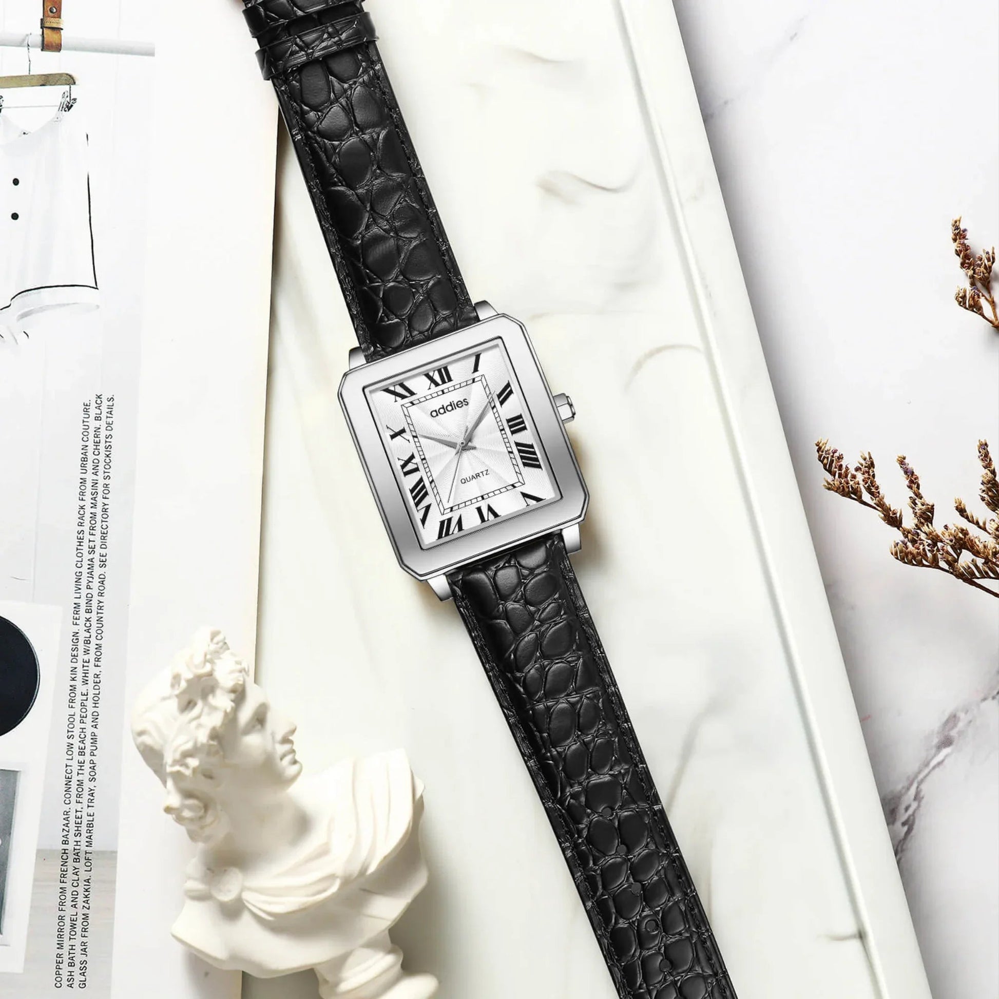 ADDIES Men's Quartz Analog Watch with Square Dial Leather Strap（MY-RM05）- White Dial - DREAM WATCHES