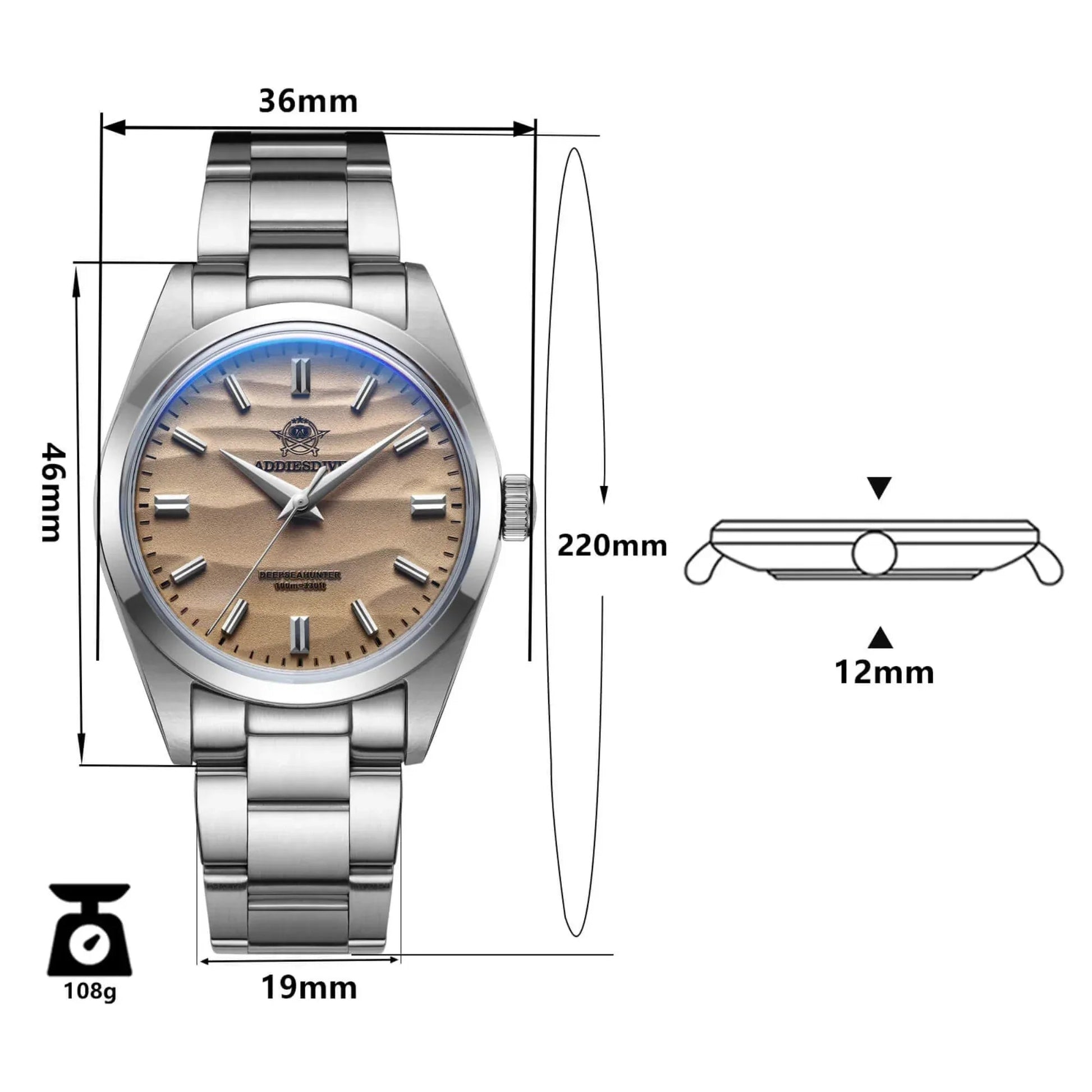 ADDIESDIVE 36mm Quartz Watch VH31 Movement (AD2030）- Brown - DREAM WATCHES