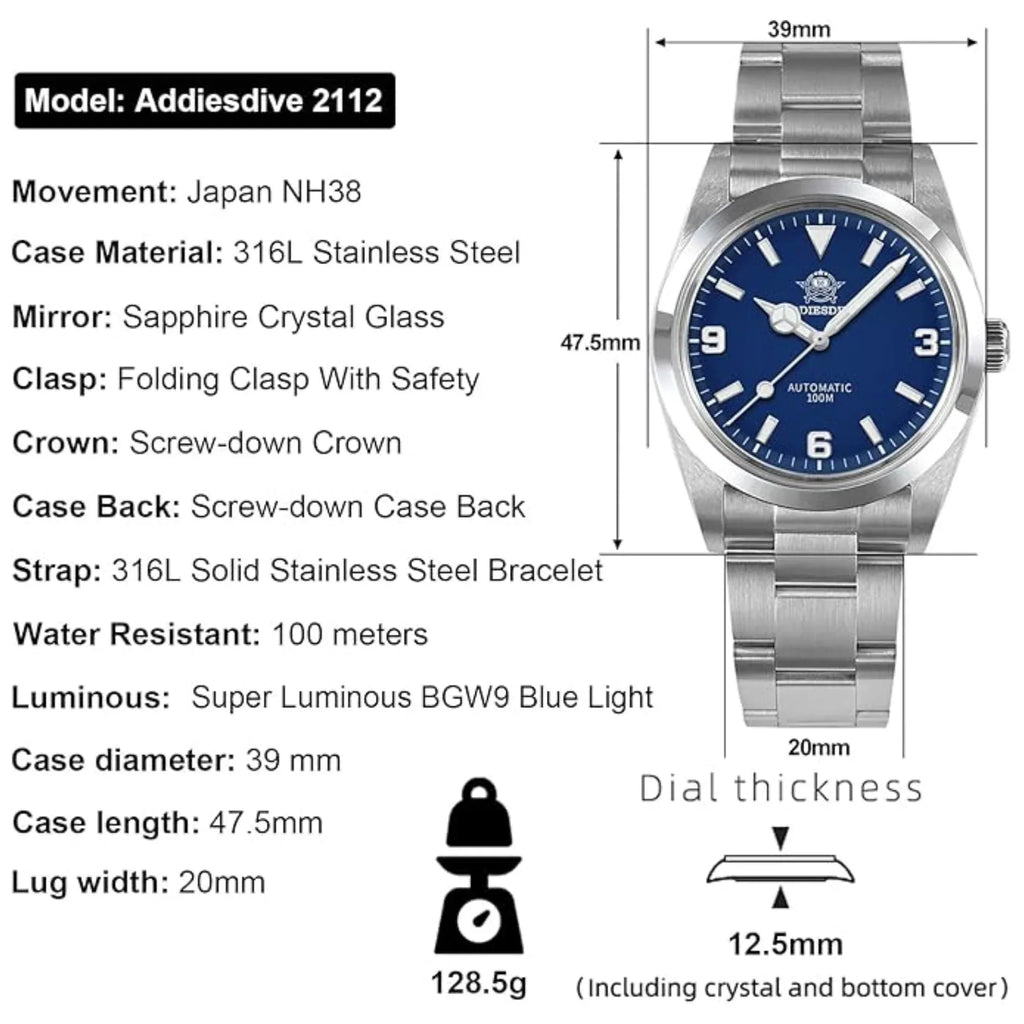 ADDIESDIVE 38mm Domed Crystal Explore Watch 100M (AD2112) - DREAM WATCHES