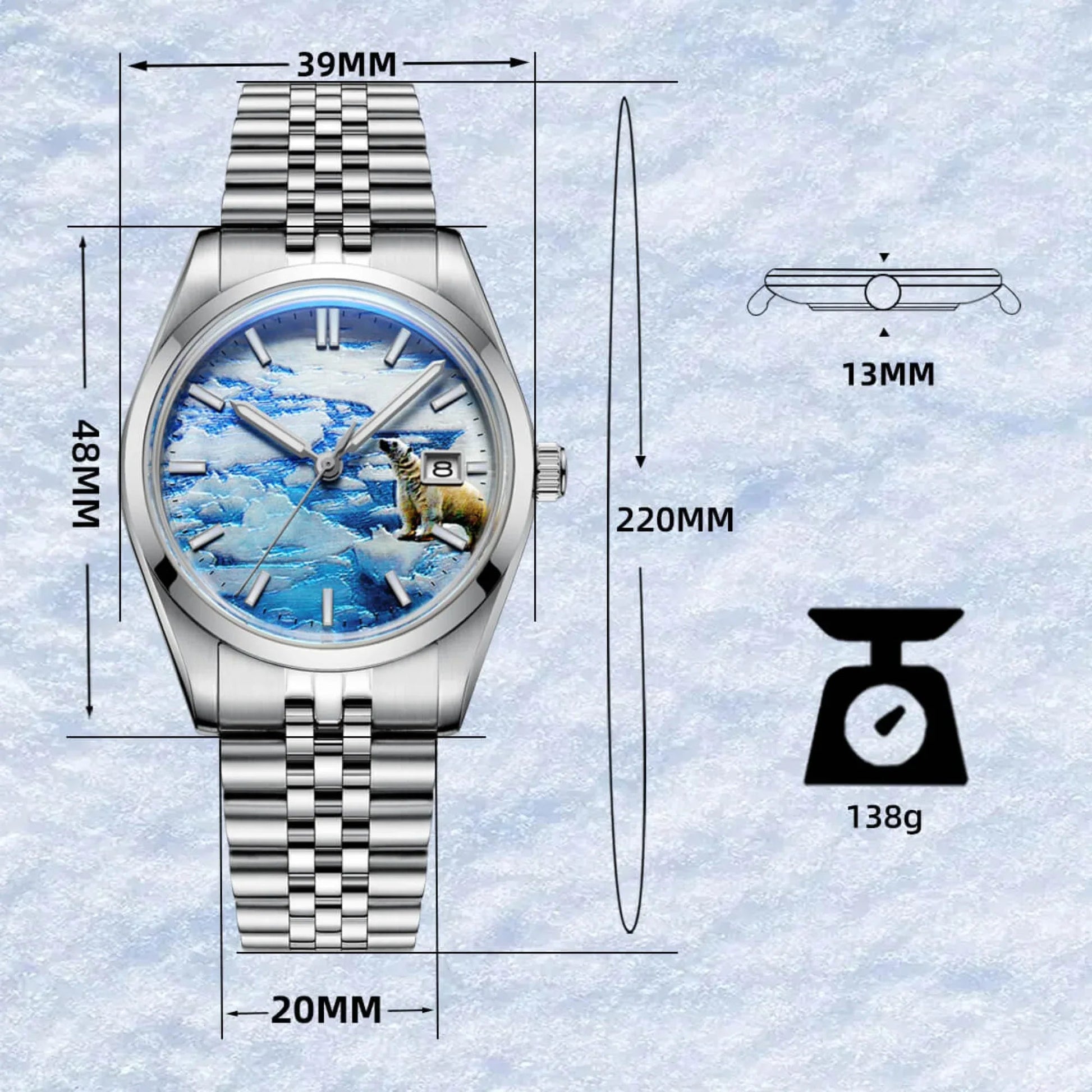 Addiesdive 39mm 3D Glacier Polar Bear Dial Automatic Watch (AD2042） - DREAM WATCHES