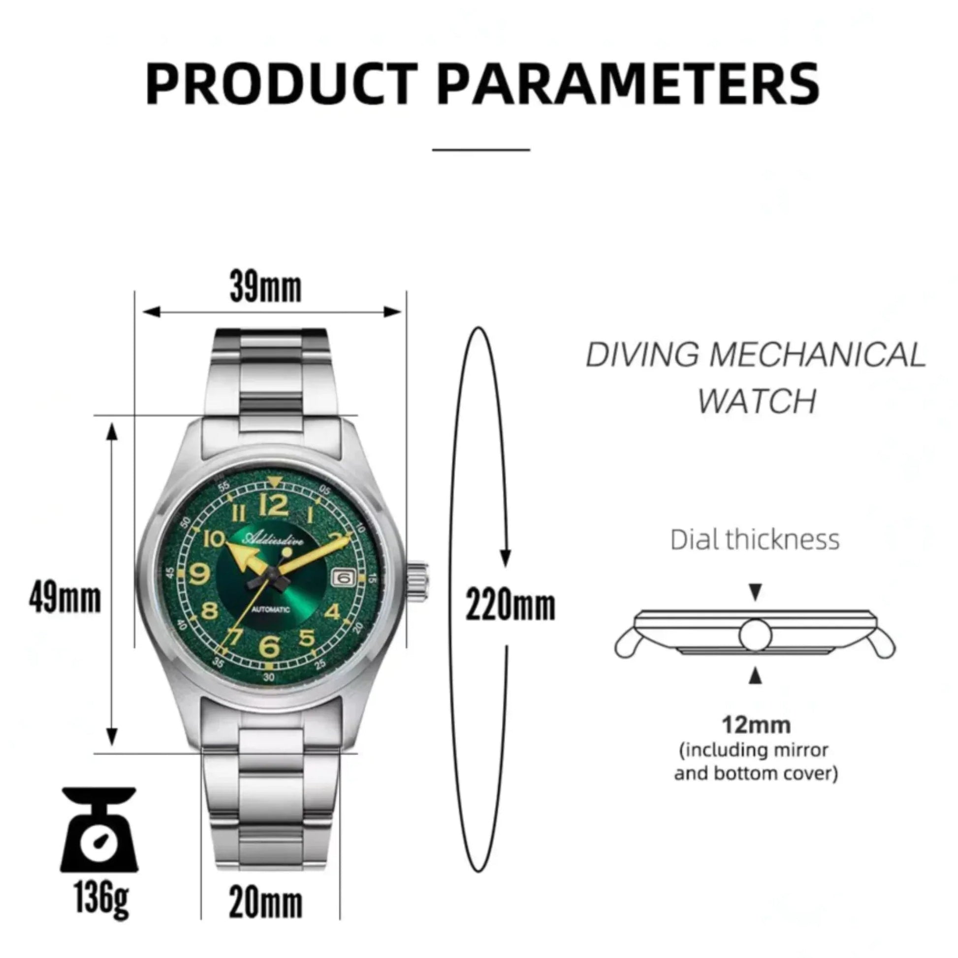 ADDIESDIVE 39mm Retro Mechanical Men Watch AD2055 - DREAM WATCHES