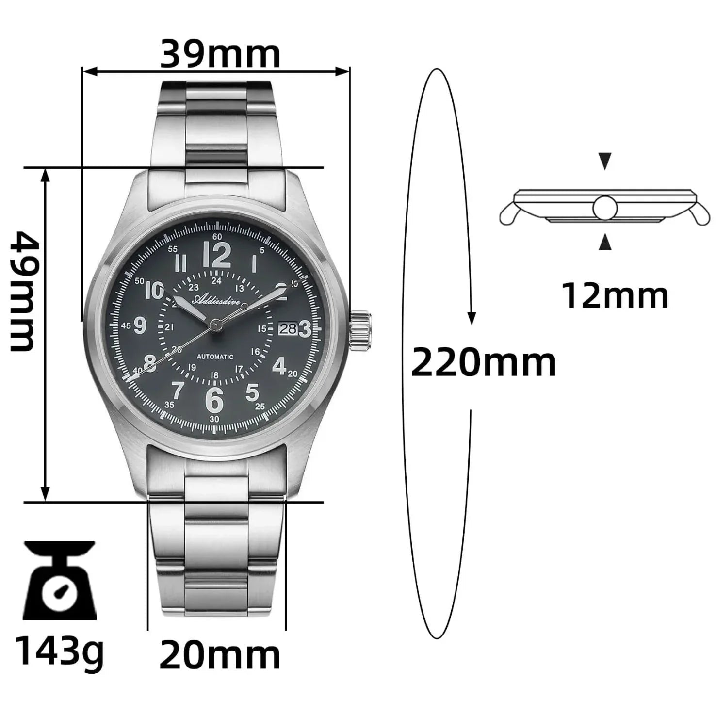 ADDIESDIVE 39mm Sapphire Crystal Automatic Watch Field Watch AD2074 - DREAM WATCHES