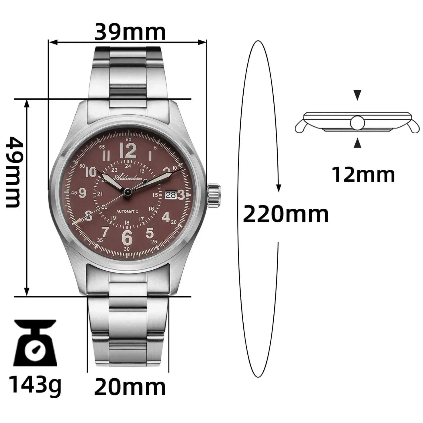 ADDIESDIVE 39mm Sapphire Crystal Automatic Watch Field Watch AD2074 - DREAM WATCHES