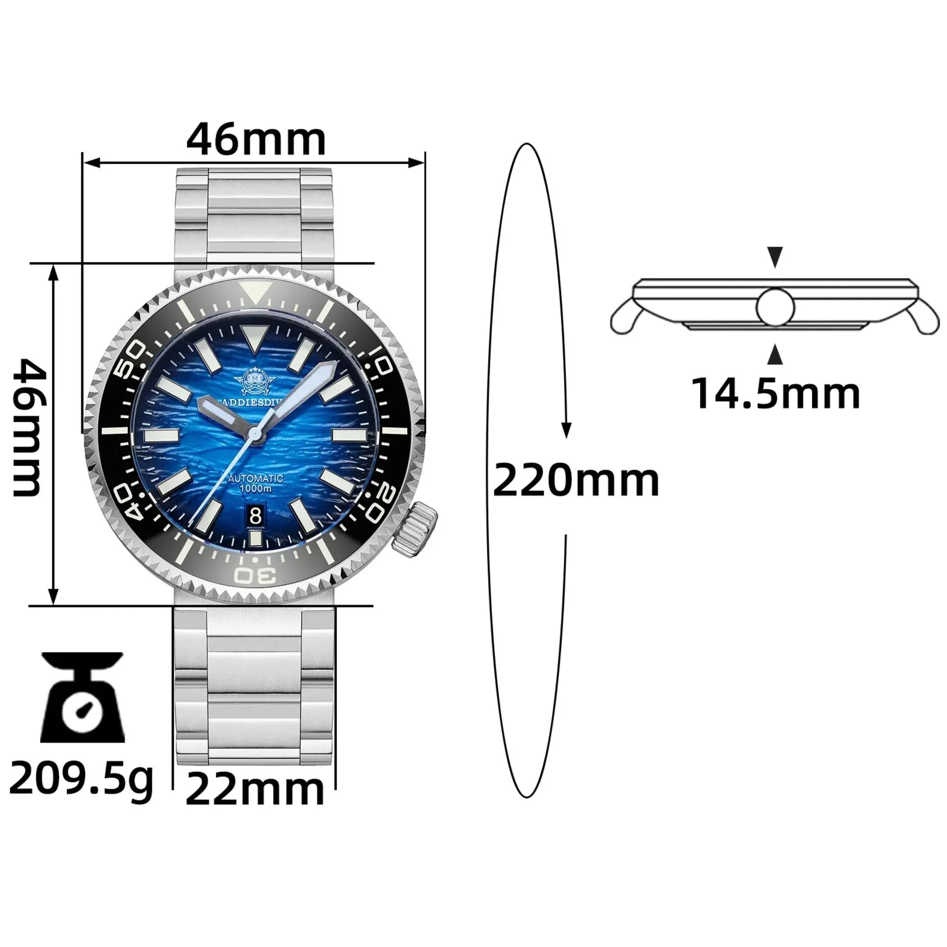 Addiesdive 46mm 1000m Dive Watch AD2069 - DREAM WATCHES