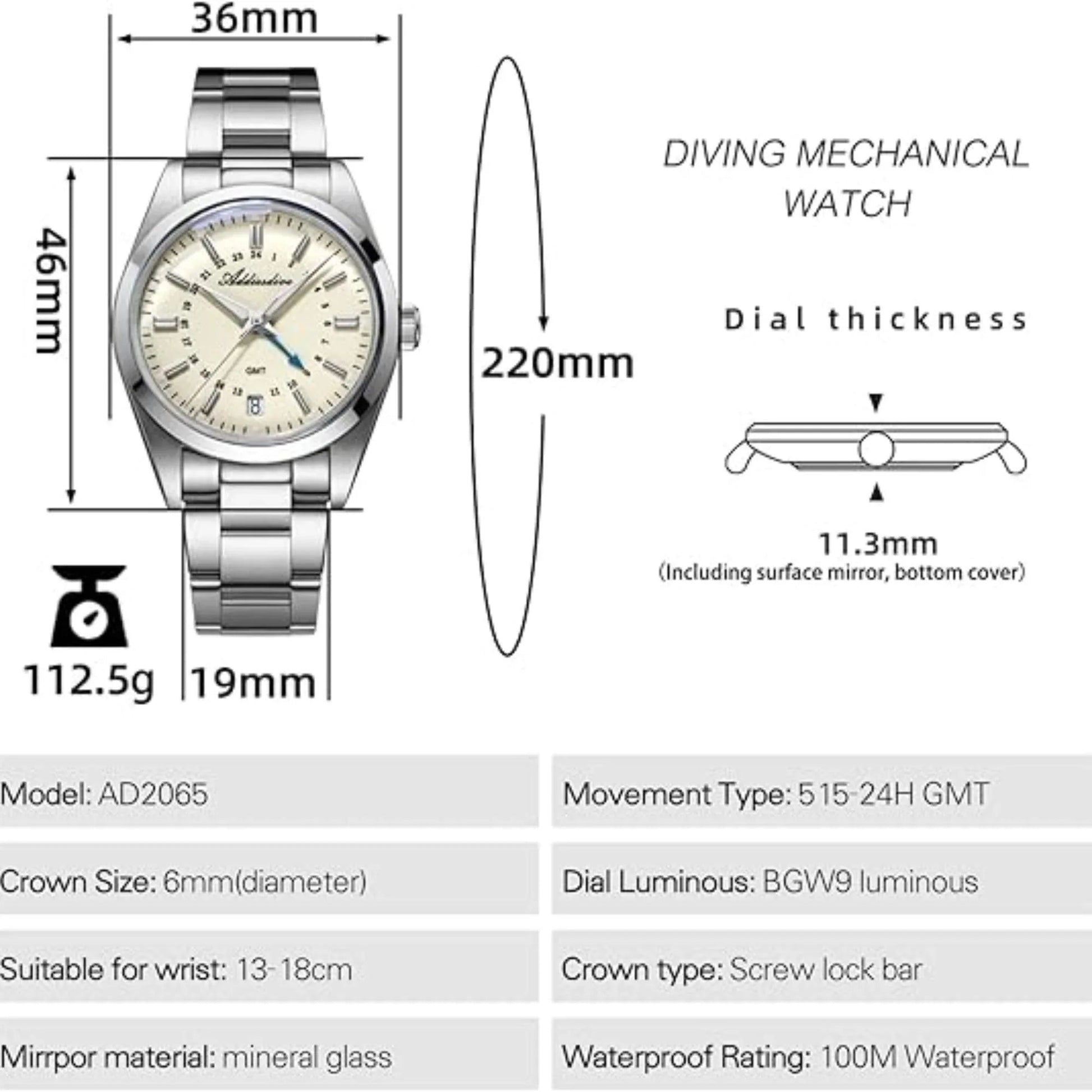 ADDIESDIVE Elegance Collection GMT Quartz Watch AD2065 - Swiss Movement - DREAM WATCHES