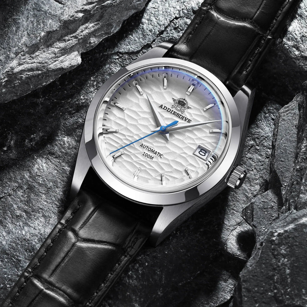 ADDIESDIVE Men's Stainless Steel White Dial with Black Leather Strap AD2118 - DREAM WATCHES