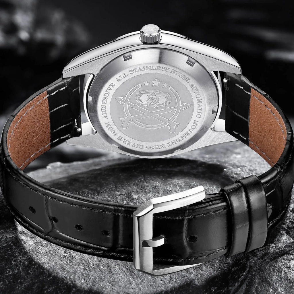 ADDIESDIVE Men's Stainless Steel White Dial with Black Leather Strap AD2118 - DREAM WATCHES