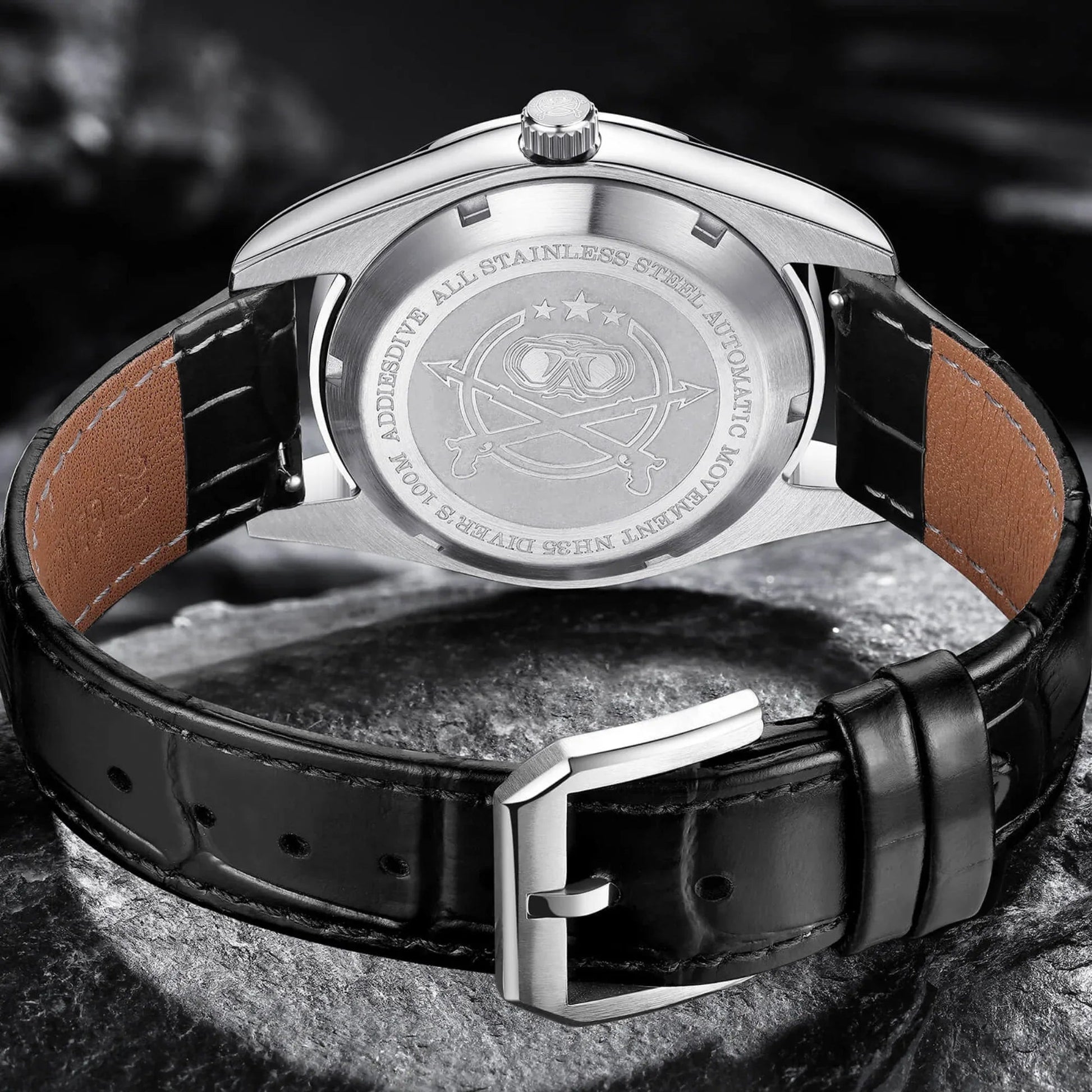 ADDIESDIVE Men's Stainless Steel White Dial with Black Leather Strap AD2118 - DREAM WATCHES