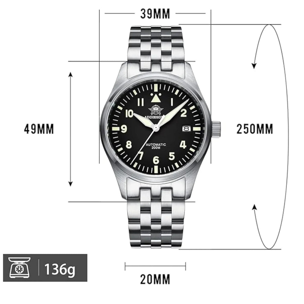 ADDIESDIVE®39mm Leather Men's Elegant Automatic Watch Diver 200M (MY-H2) - DREAM WATCHES