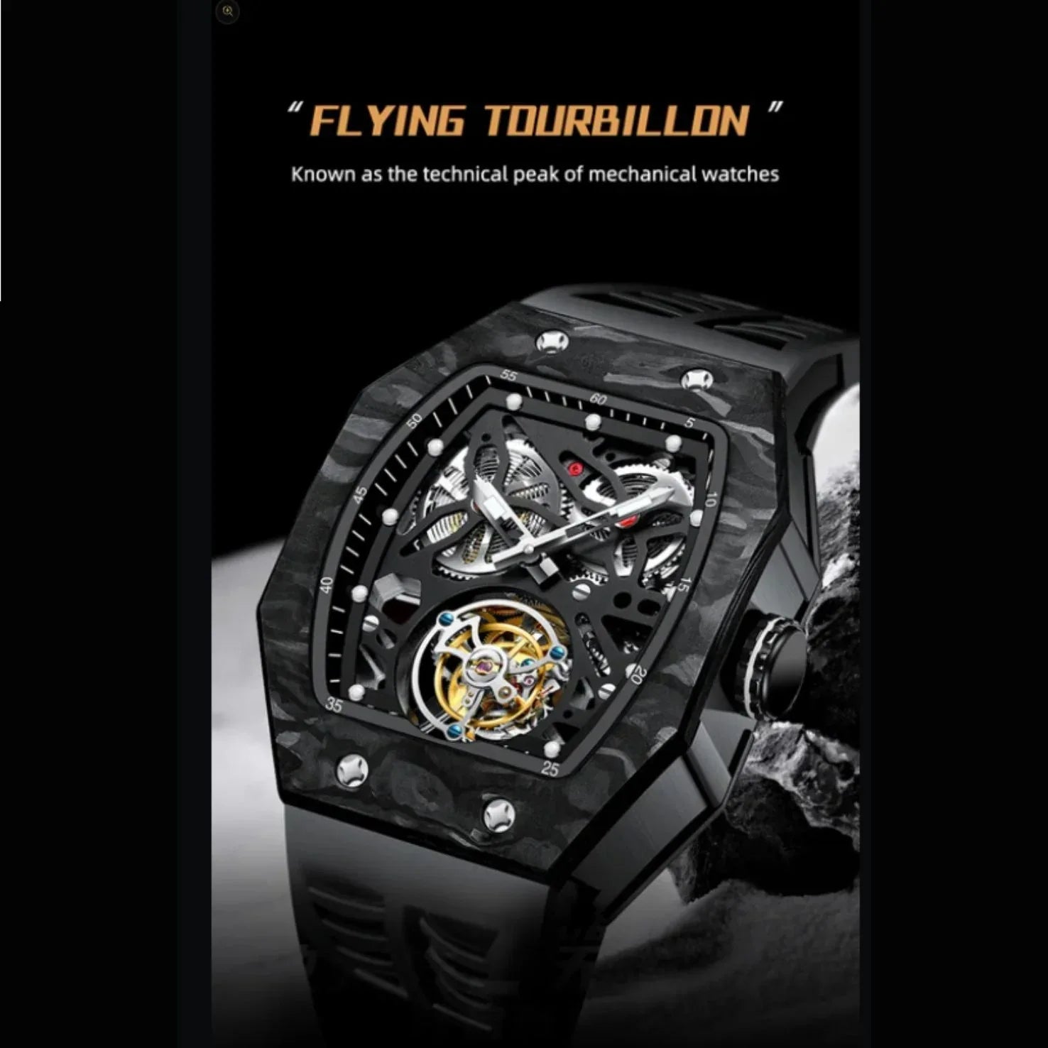 AESOP Carbon Fiber Bezel Tonneau Case Skeleton Tourbillon Watch 7036 - DREAM WATCHES