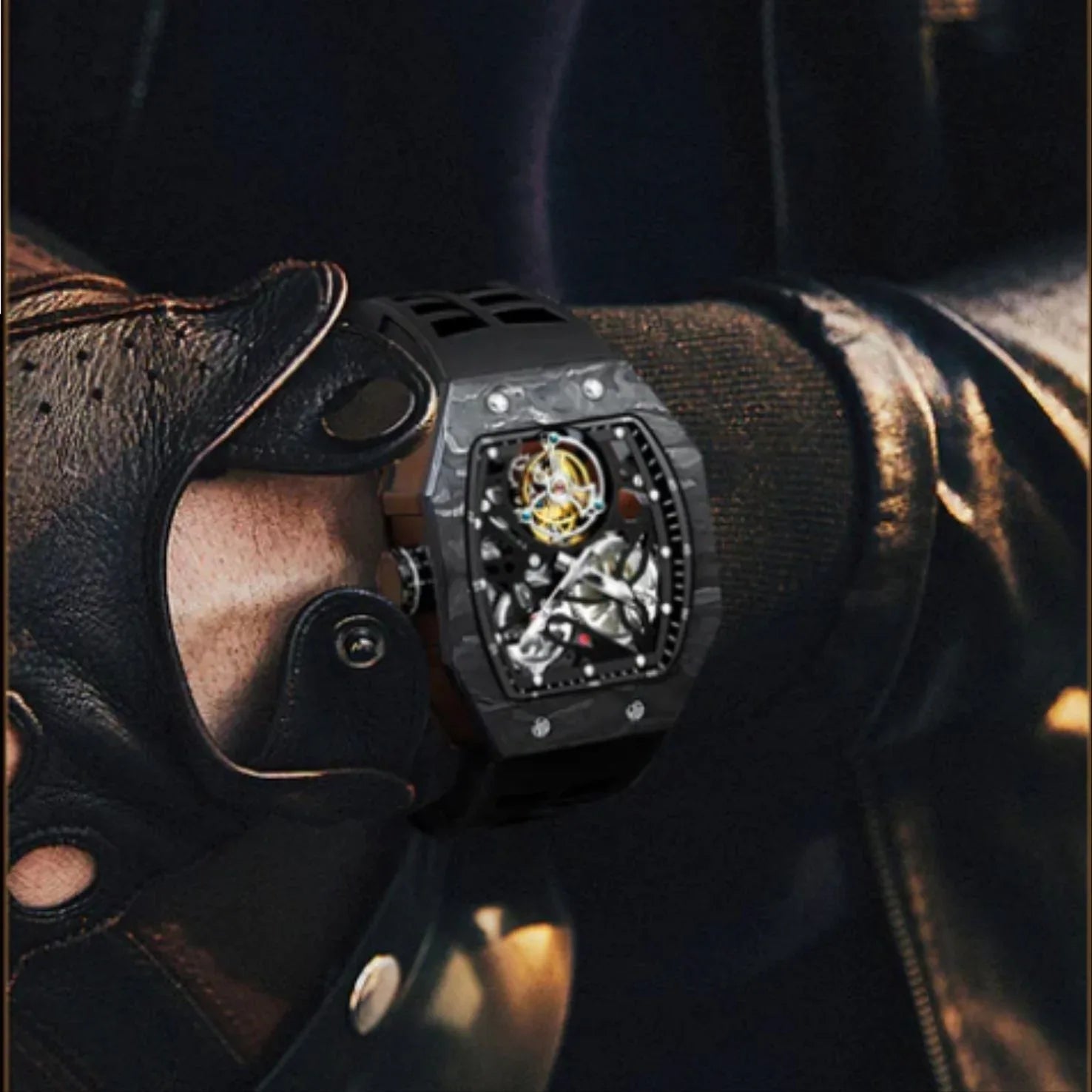 AESOP Carbon Fiber Bezel Tonneau Case Skeleton Tourbillon Watch 7036 - DREAM WATCHES